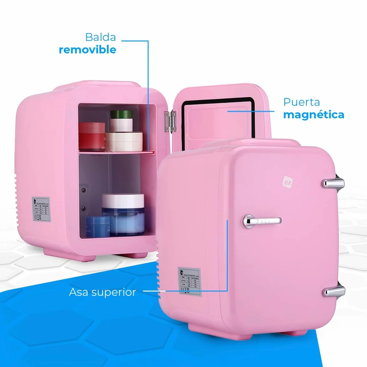 NK Mini Nevera Portátil, 4 Litros de Capacidad, Funcionamiento 12V-220V, Función Enfriamiento y Calentamiento, Para Cosméticos y Refrescos, Rosa