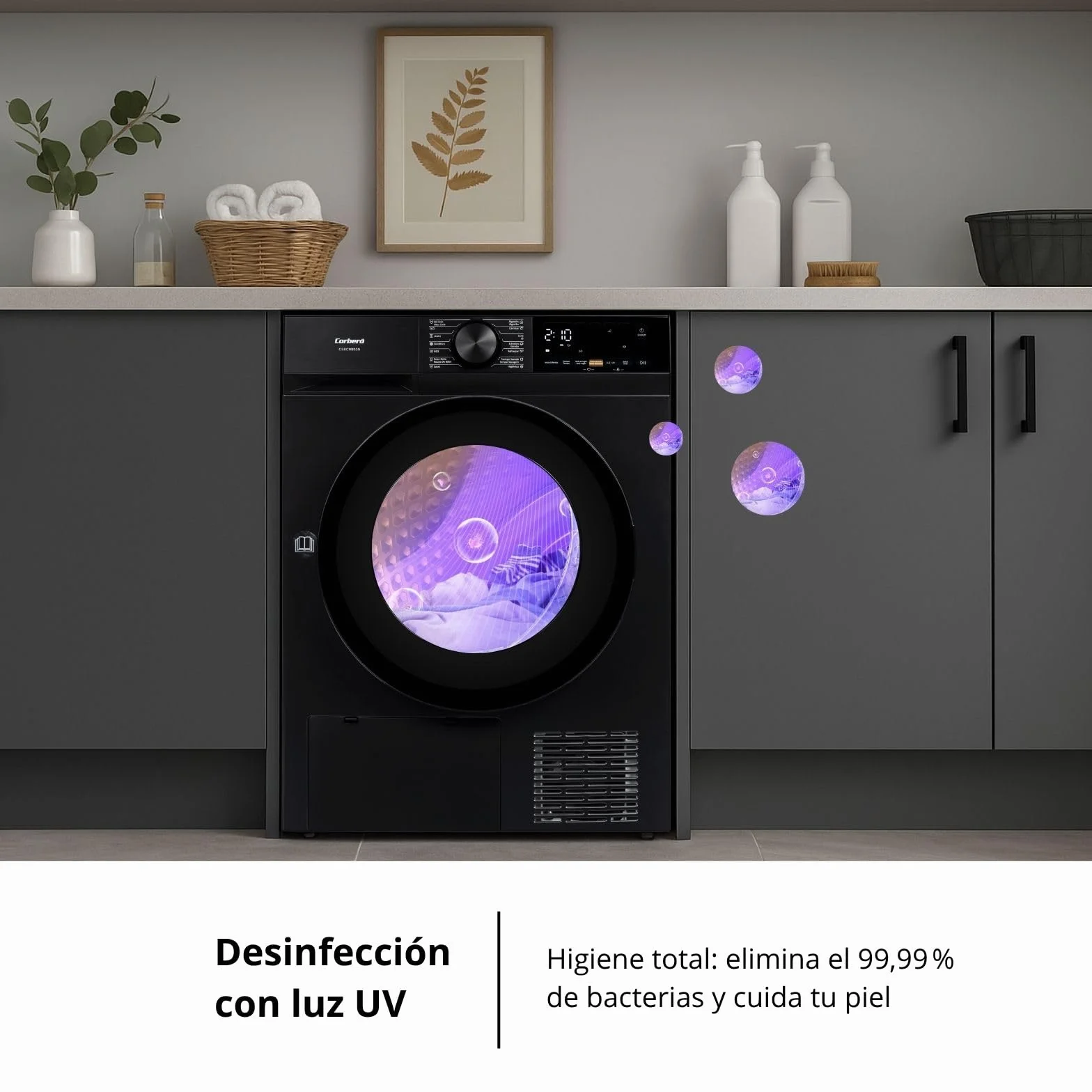 Corberó - Secadora Bomba de Calor Excellence | CSBCM850N | 8 kg | 84,5 x 60 x 59,5 cm | Motor Inverter | 5 Niveles de Secado | Purificación Luz UV | Tambor Inox | 65 dB | Negro | Clase C
