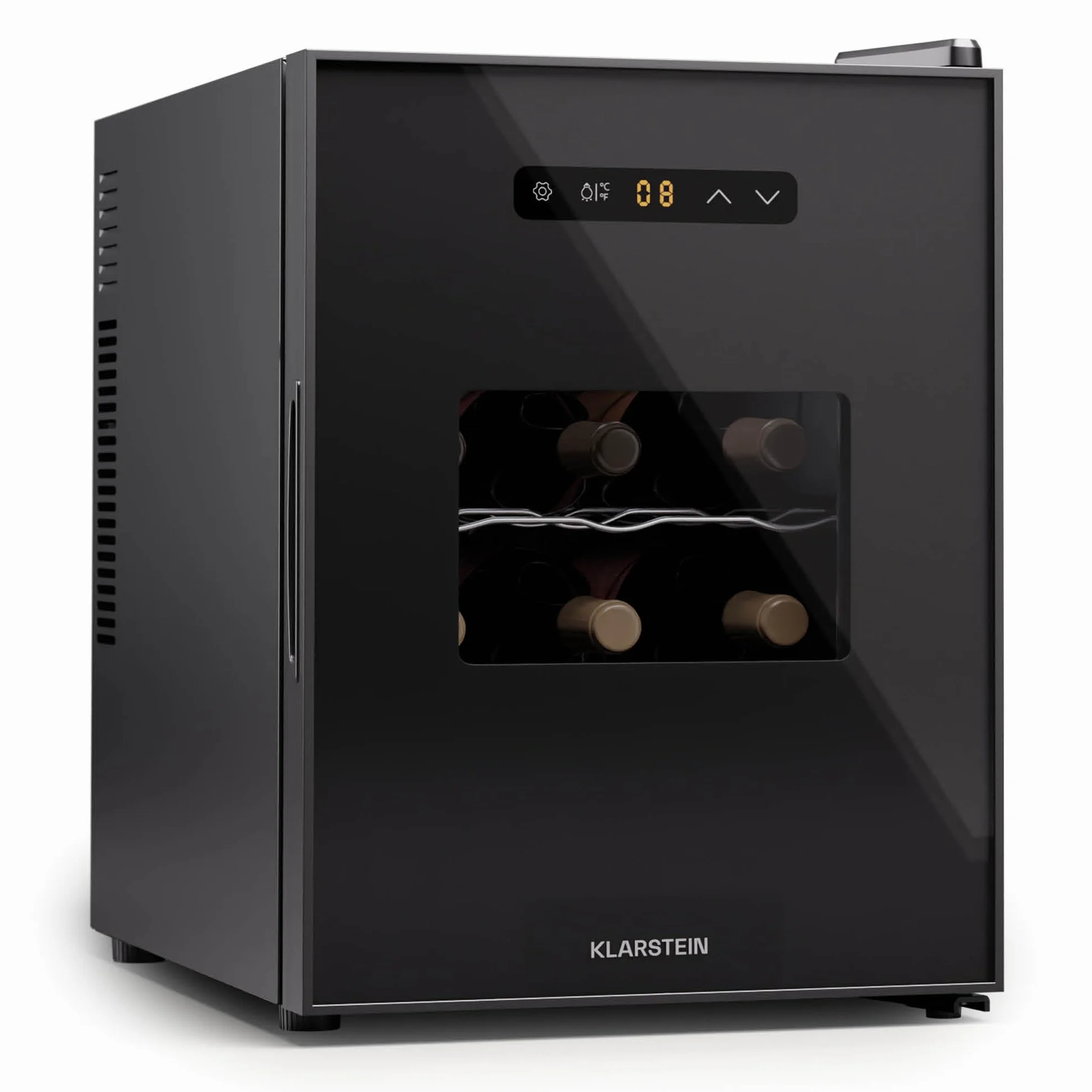 KLARSTEIN Nevera para vino independiente 1 zona, Nevera para bebidas pequeña, Nevera para vino pequeña, con puerta de cristal, Nevera para botellas interior/exterior, 12 botellas