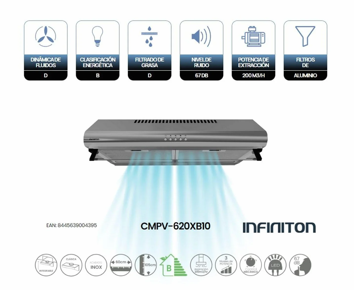 INFINITON Campana Extractora CMPV-620XB10, 200 m3/h, Ancho 60 cm, Altura especial de 105cm para su instalación, Luz LED incorporada,3 Niveles de potencia de succión, Inox