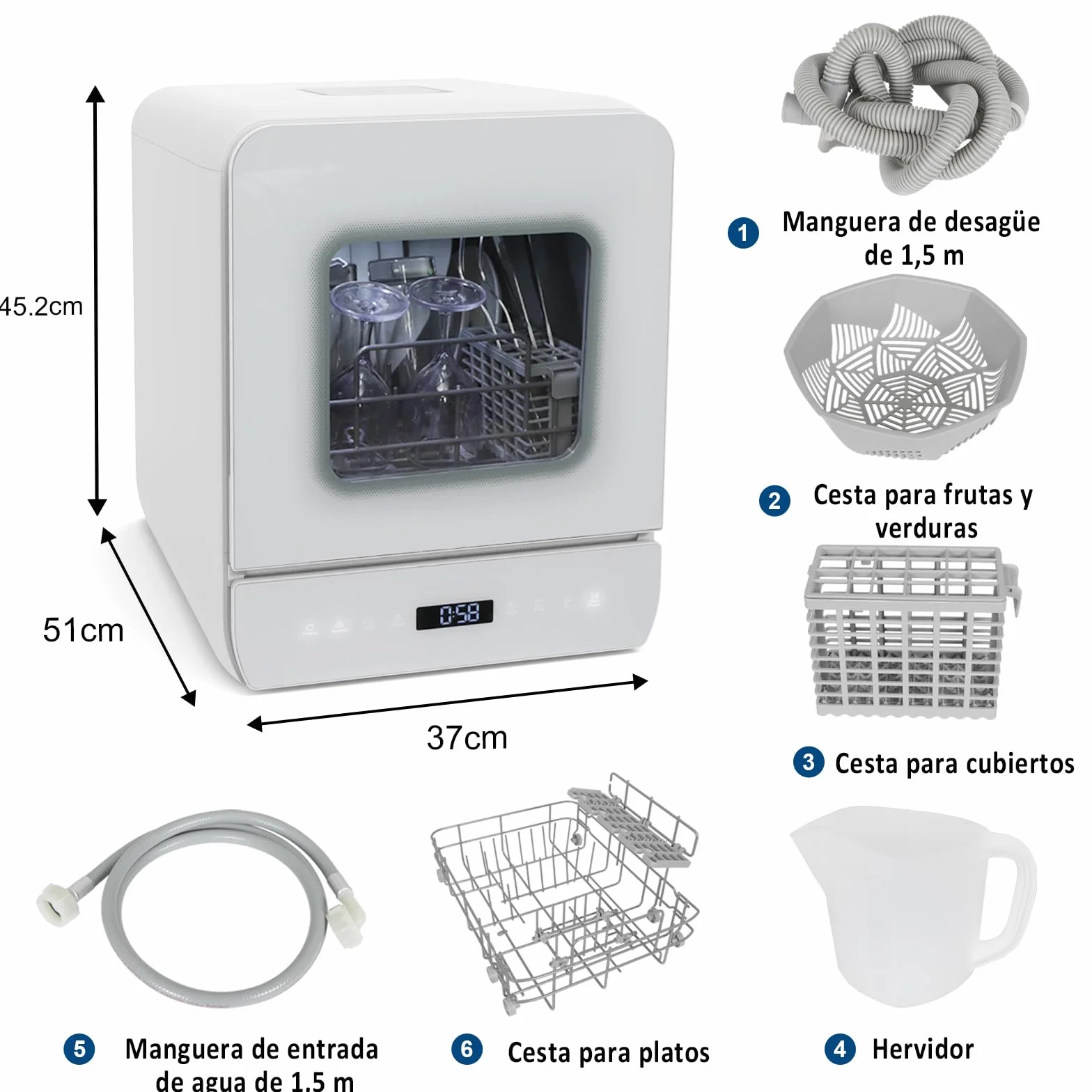 YU YUSING Lavavajillas de Encimera 45 cm 4.8 L con 7 Programas 5 Juegos, Mini Lavavajillas Pequeño con 2 Suministro Agua, Portátil, Control Táctil, Pantalla LED para Casa Oficina Camping, Blanco