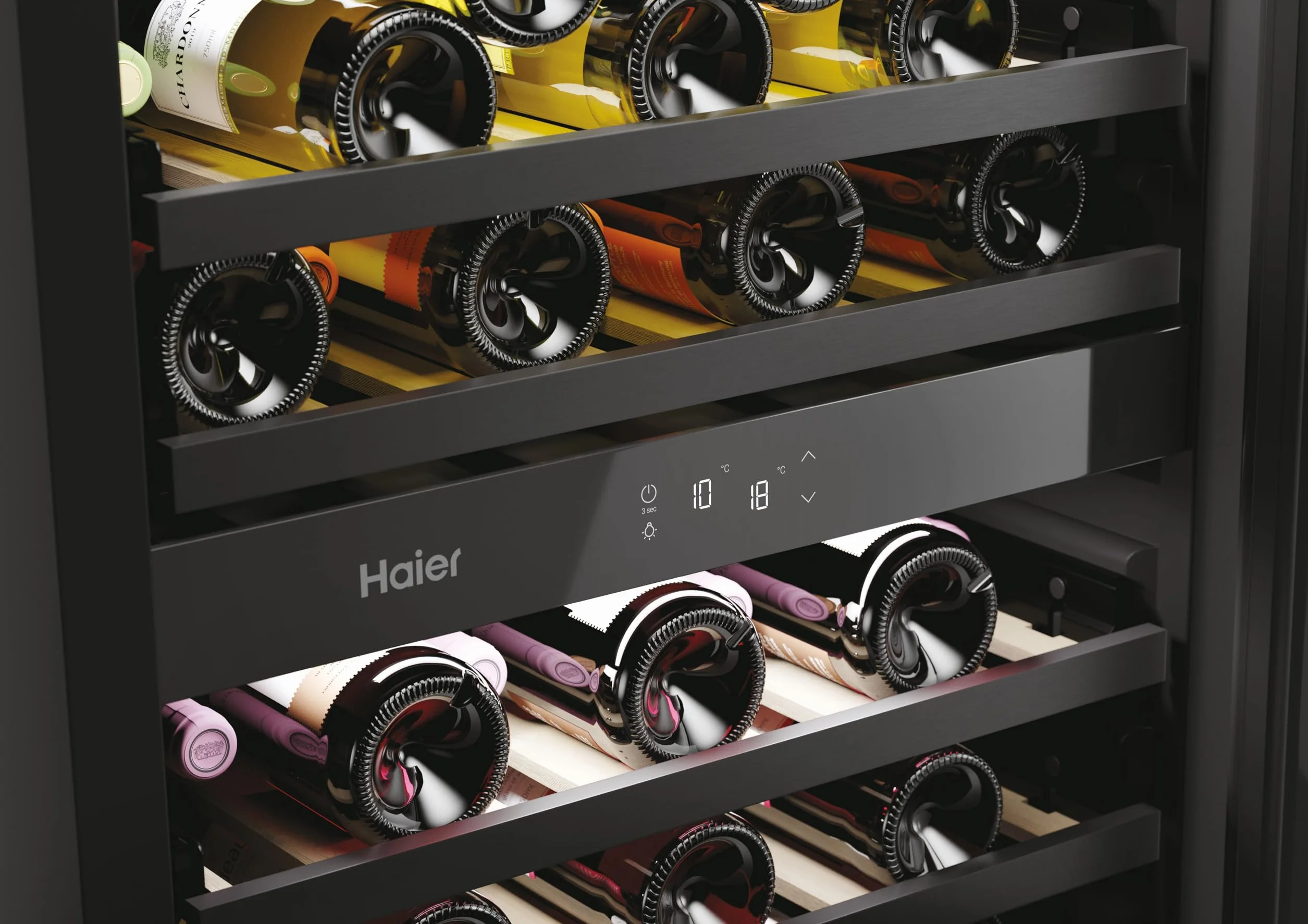 Haier Wine Bank 60 Series 6 HAKWBD 60 Vinoteca de integración de 44 botellas, 2 Zonas, Estantes de madera, Filtro Anti-UV, Refrigeración por Compresor, Display Digital, Iluminación LED, 38 dbA Negra