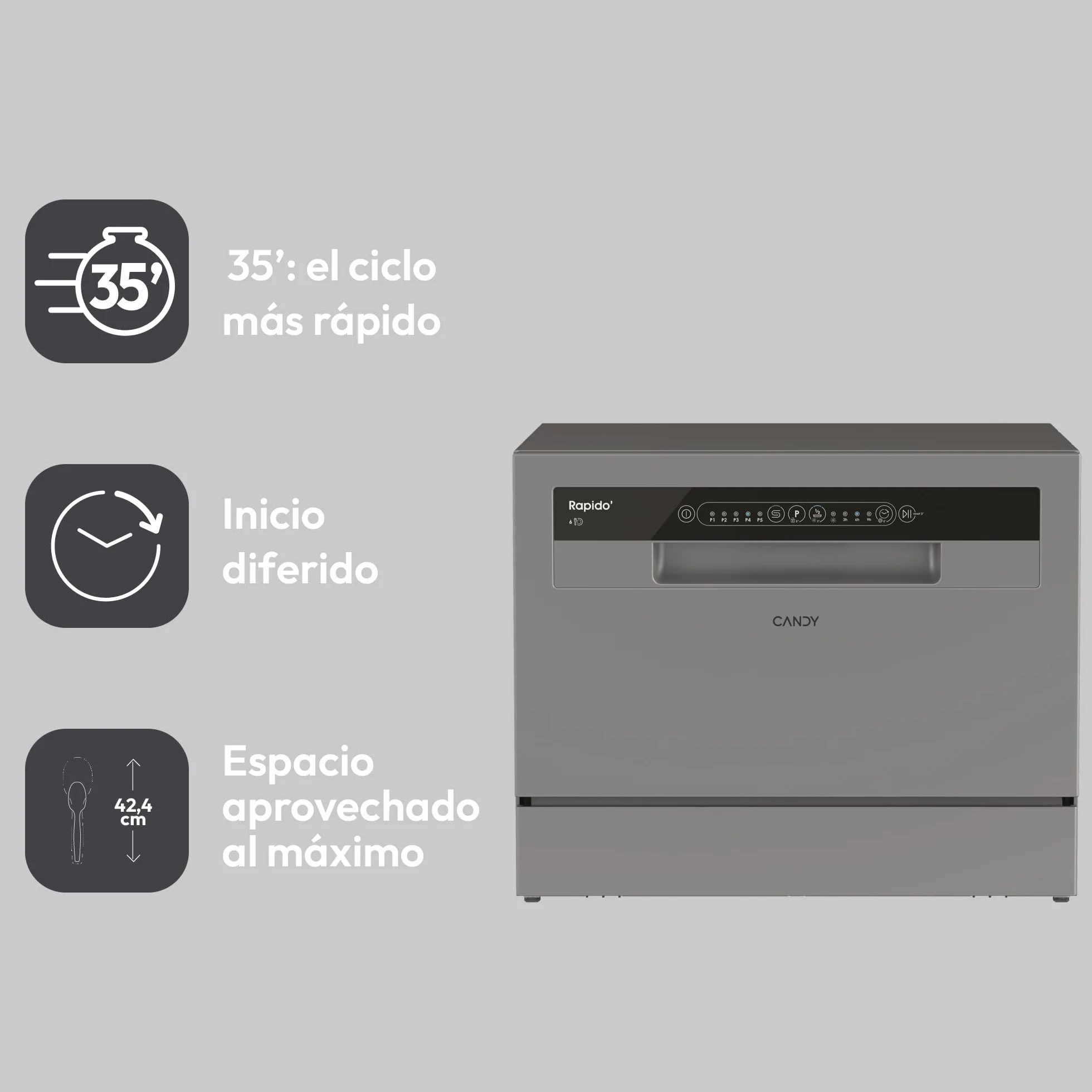 Candy CP 6E51LS Lavavajillas Compacto 6 Servicios Digital 51dBA 5 Ciclos Media Carga Inox