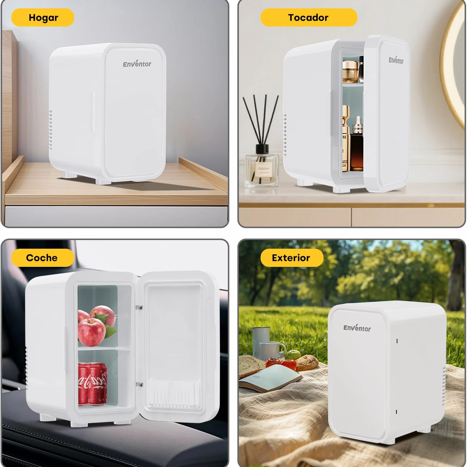 Enventor 6L 8 Latas Nevera Pequeña Blanco, Mini Frigorifico con Enfriador y Calentador, Nevera Portatil con Alimentación 12V/220V, Mini Nevera para Habitacion, Oficina, Coche, Frutas y Bebidas