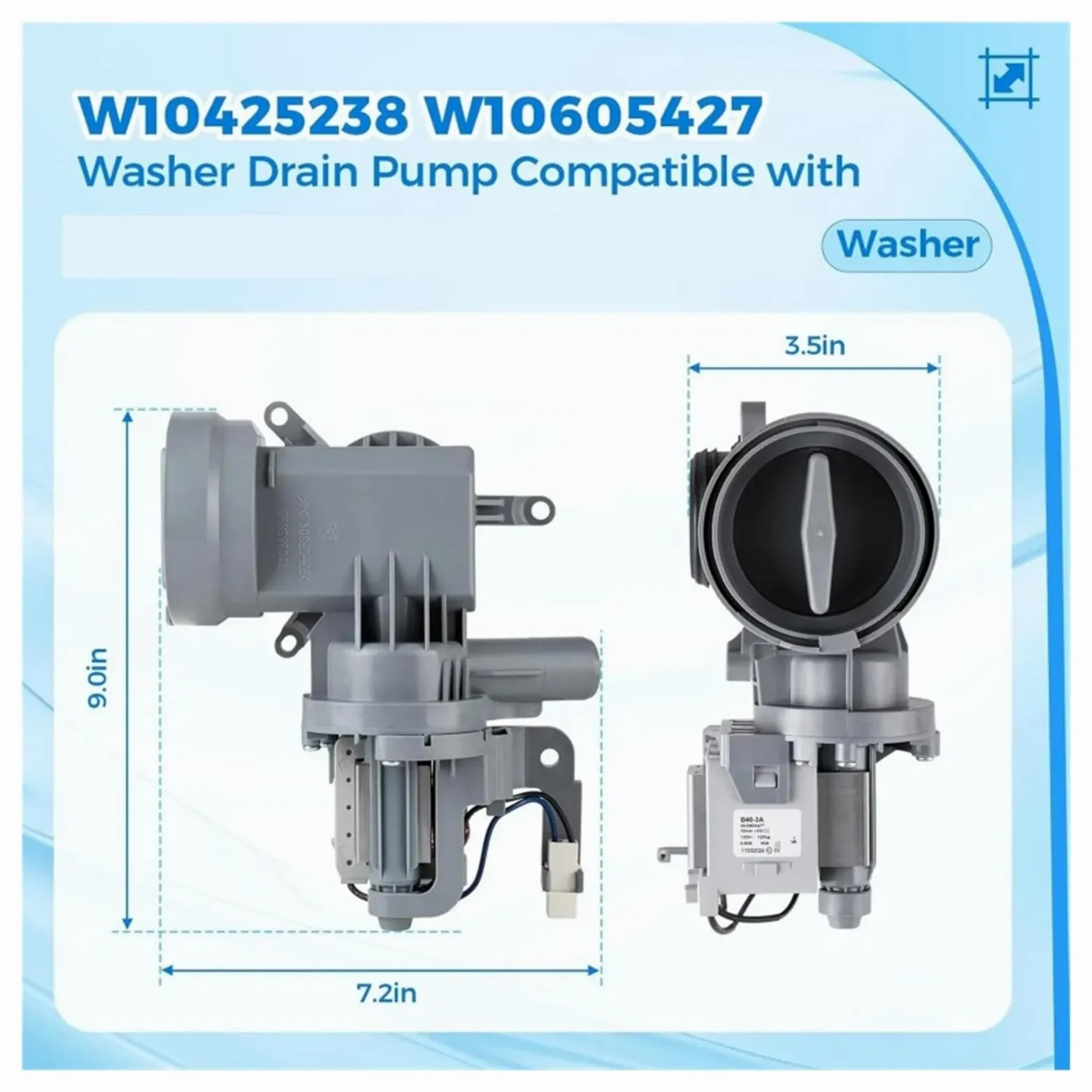 W10425238 Motor Bomba De Desagüe Lavadora 120V, Compatible Para Whirlpool | Conjunto Descarga Agua Eliminación Líquidos Salida Aparato Componente Succión Circulación Mecanismo Unidad