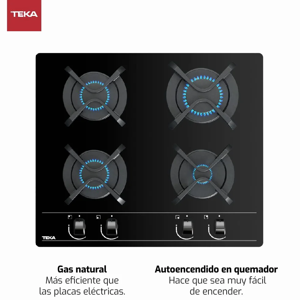 TEKA Placa de Gas 60 cm, 4 Quemadores, Autoencendido y Seguridad Termopar, Parrillas de Fundición, Modelo GBC 64000 KBN