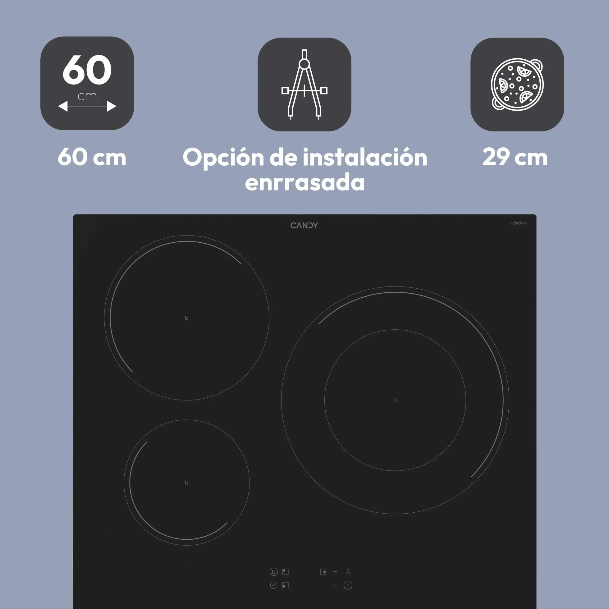 Candy CI633C/E14U, Placa Inducción, 3 Zonas, 60CM, 9 Niveles de Potencia y Booster, 7,2KW, Mandos Centrales, Indicador de Calor, Bloqueo de Seguridad, Alerta Sobrecalentamiento y Derrames, Negro