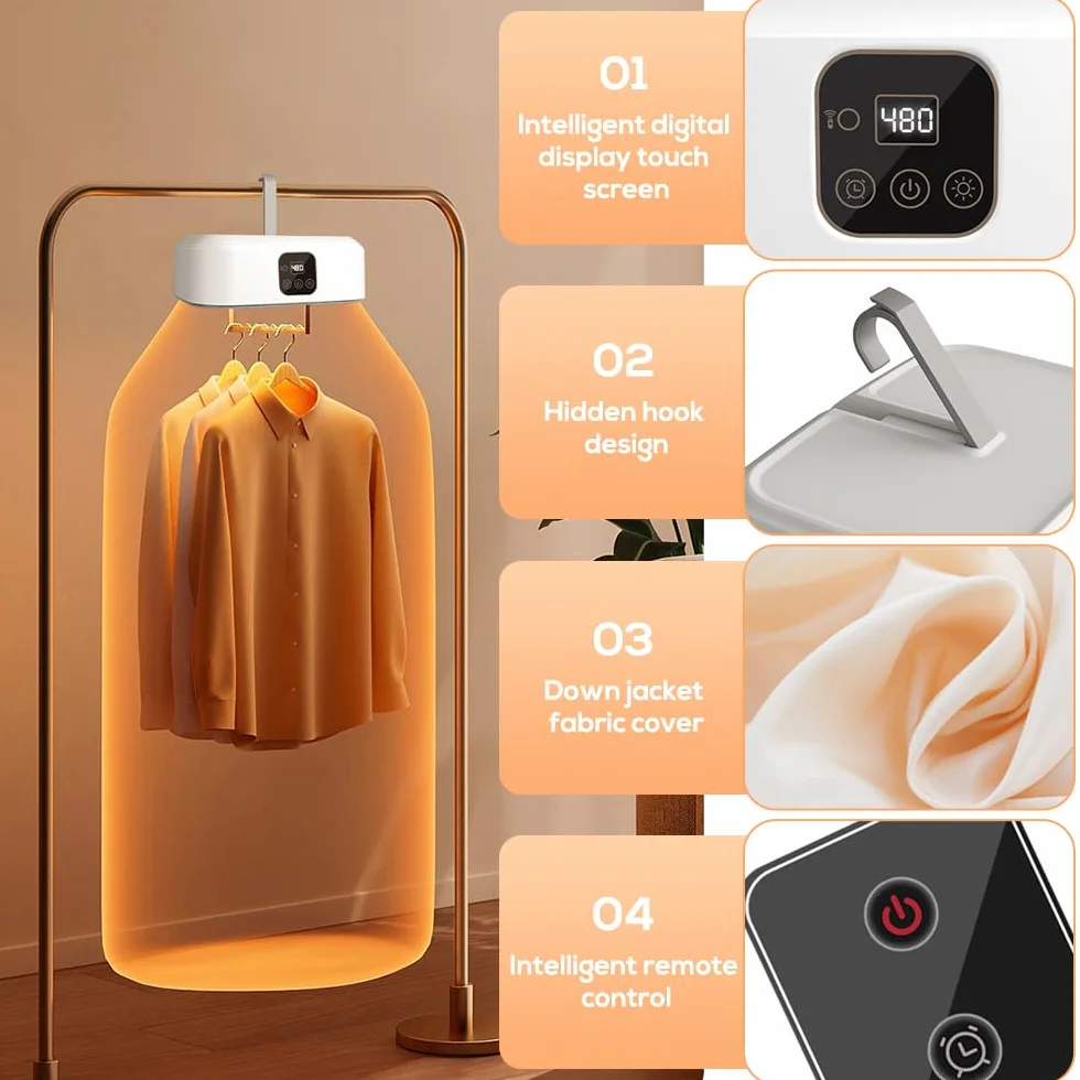 NAVESO Mini Secadora de Ropa Portatil Electrica, Mini Secadora Portatil, Secadora de Ropa Pequeña con Temporizador 1-8h, Esterilización UV, Mandos a Distancia, 600W