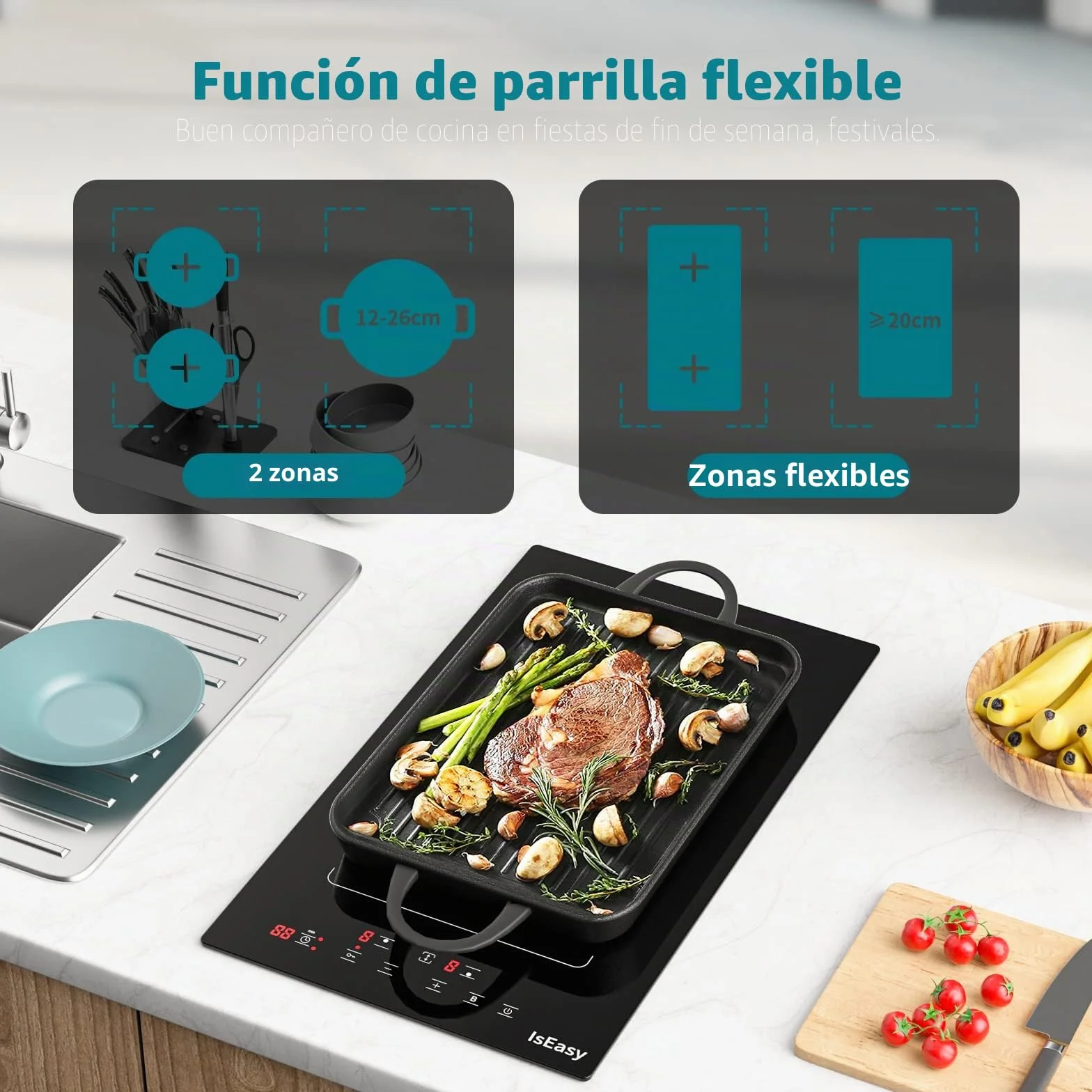 IsEasy - Placa de inducción con 2 luces empotrables, mesa de cocción eléctrica de 3400 W, 2 Boosters, temporizador, zonas flexibles, parada de coche, cerradura infantil, color negro