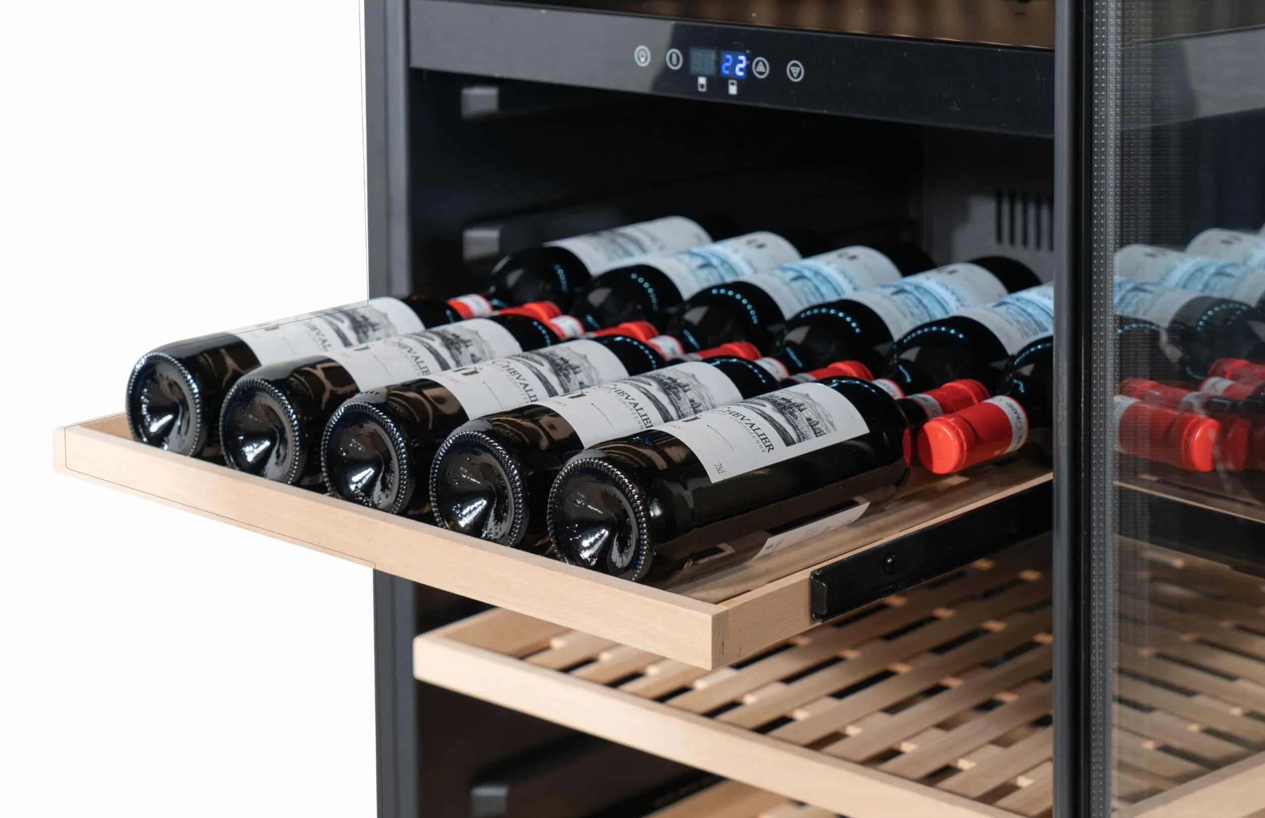 METRO Professional Vinoteca GWC1171D, acero inoxidable/vidrio, 8 estantes de madera, termostato digital, para 171 botellas de vino, con cerradura, negro/plateado