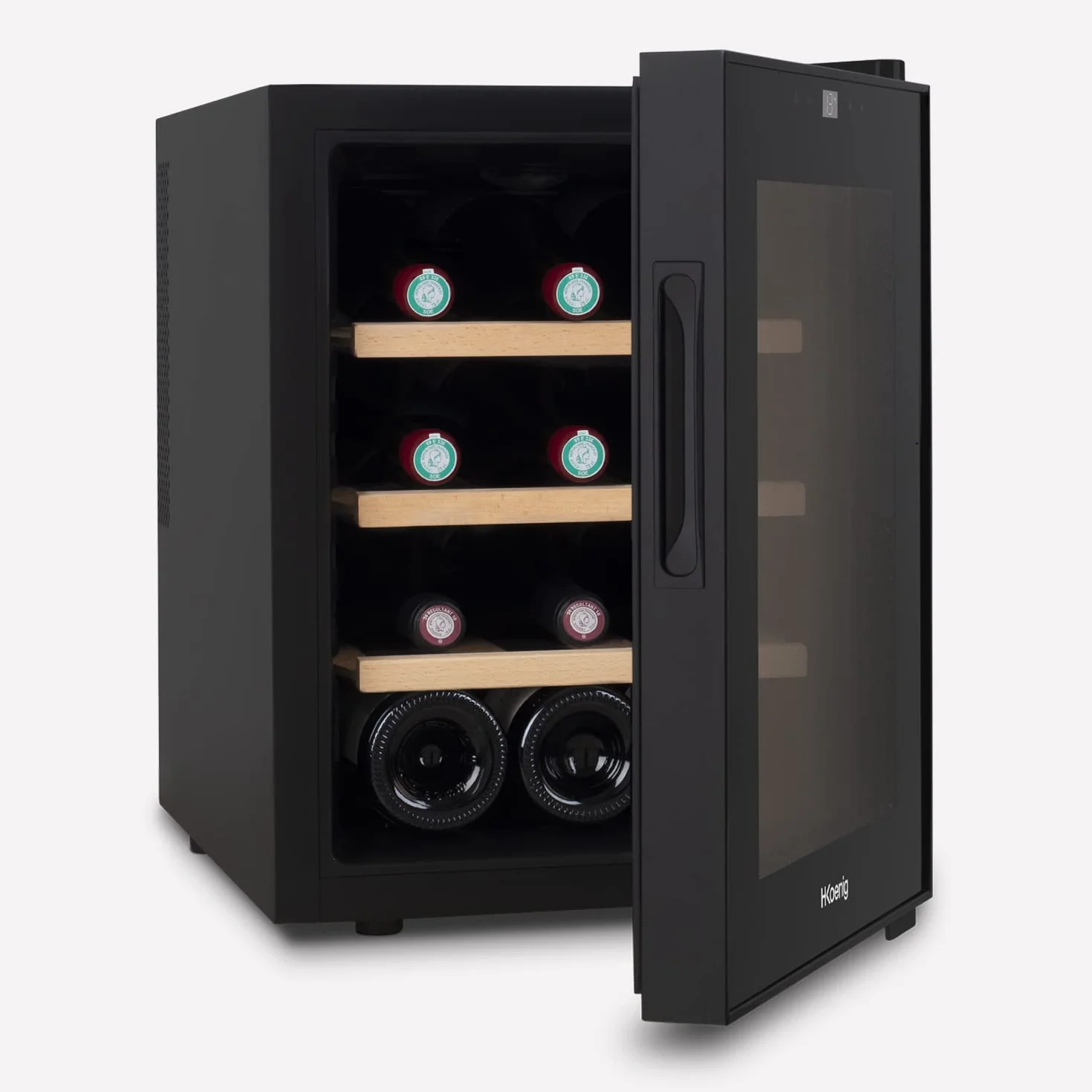 H.Koenig Vinoteca 12 Botellas AGE12, 31 L, Profesional Acero Inoxidable, Refrigerante, Termoeléctrica, Regulable de 8°C a 18°C, Silenciosa, Iluminación Interior, 3 Estantes, Negro