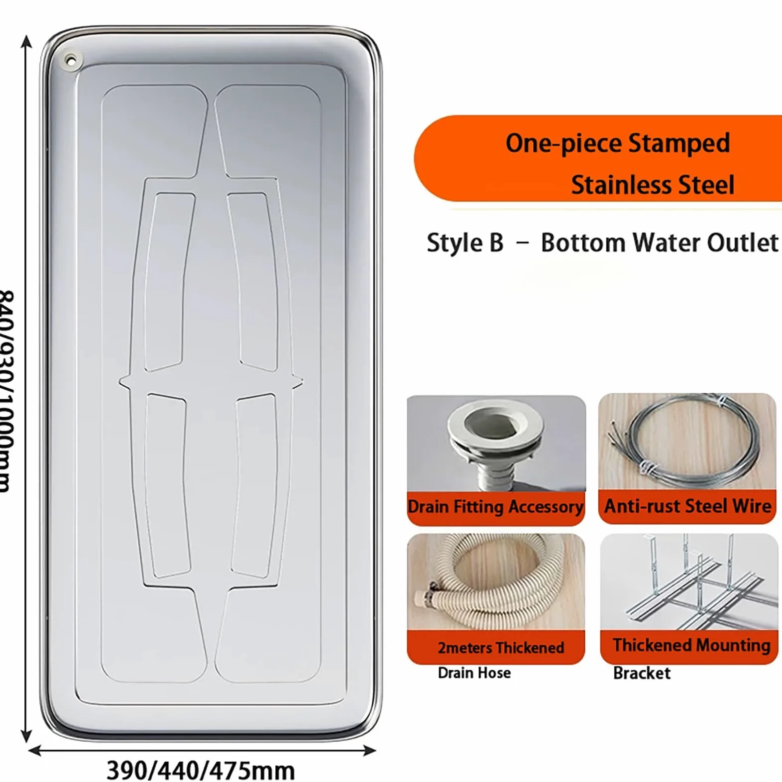 Bandeja recogida condensados inox 201 para unidad exterior AC 1-5P | Diseño monobloque estampado para unidad exterior de aire acondicionado, recoge condensados(Style B,930X440X35mm)