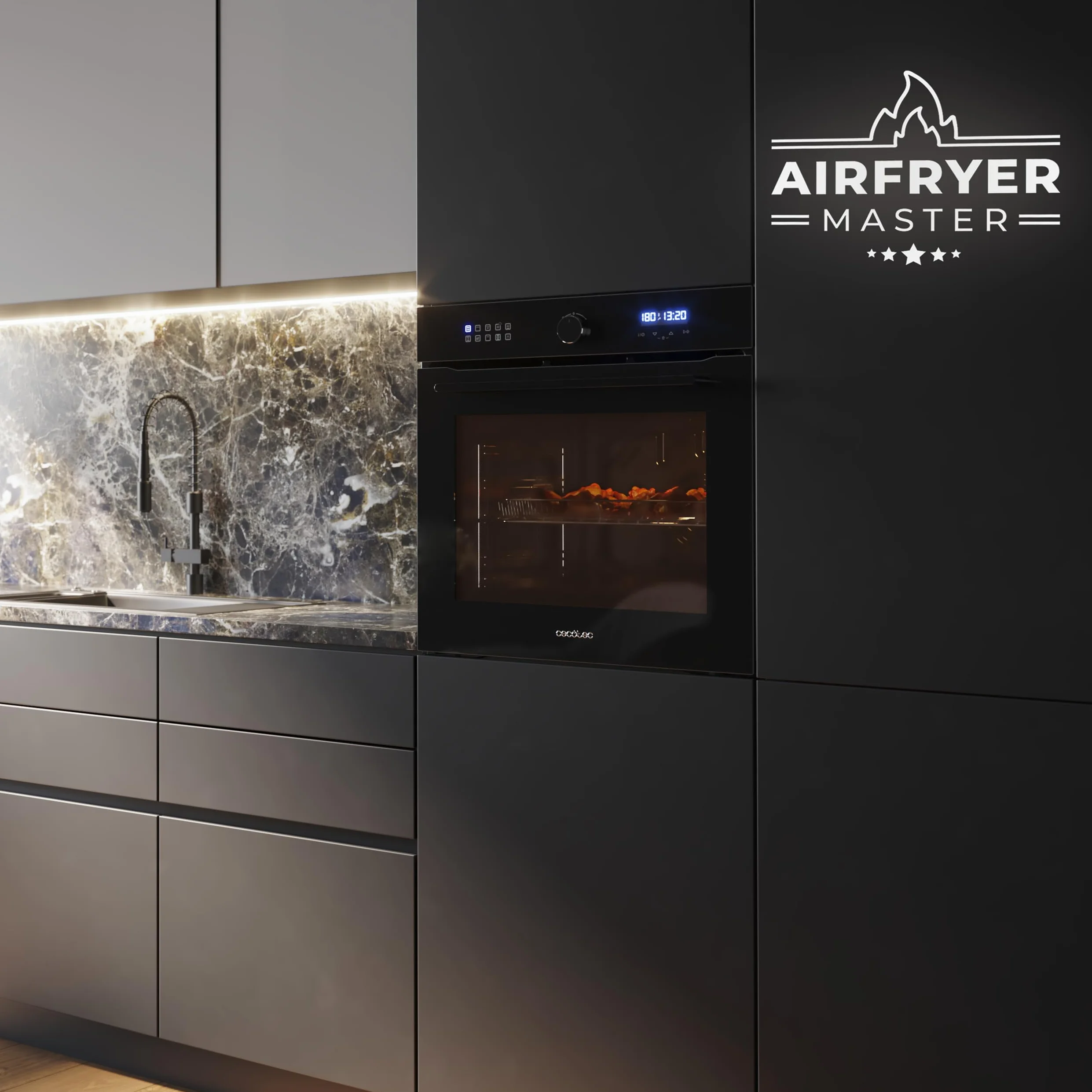 Cecotec Horno Integrable Multifunción 60cm Bolero Hexa AF316000 Glass Black A 3400W, 81L Capacidad, 11 Funciones con Airfryer Master, Pizza Master, Steam Asisst, Steam EasyClean, 3D Cooking, Defrost