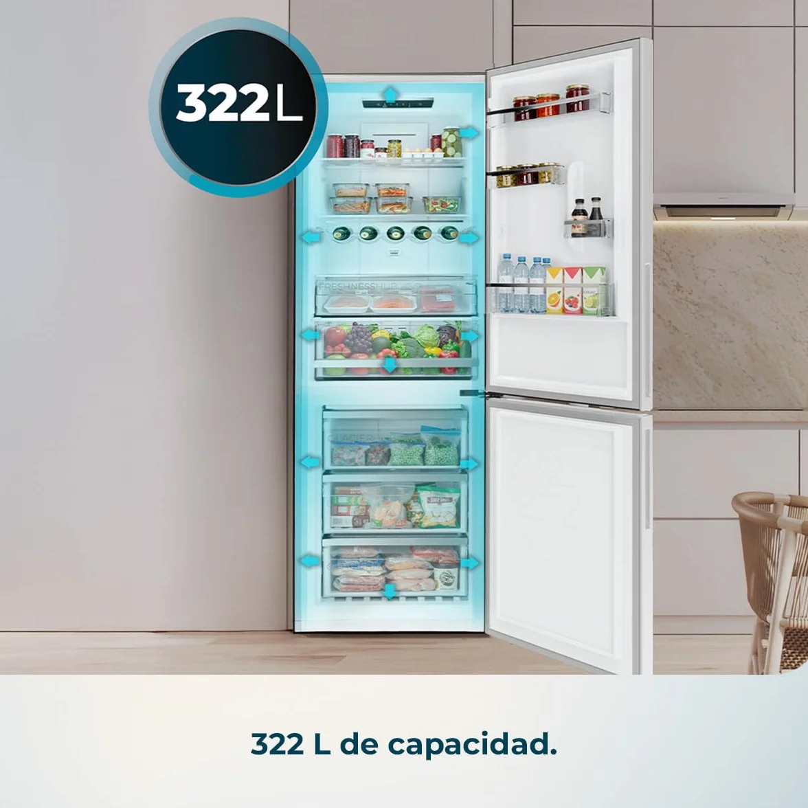 Cecotec Frigorífico Combi 322L Bolero CoolMarket Combi 322i Inox D. 185,5cm de Alto, 59,5cm de Ancho, Tecnología Multi Airflow, HumidityFlex HUB, LED Interior
