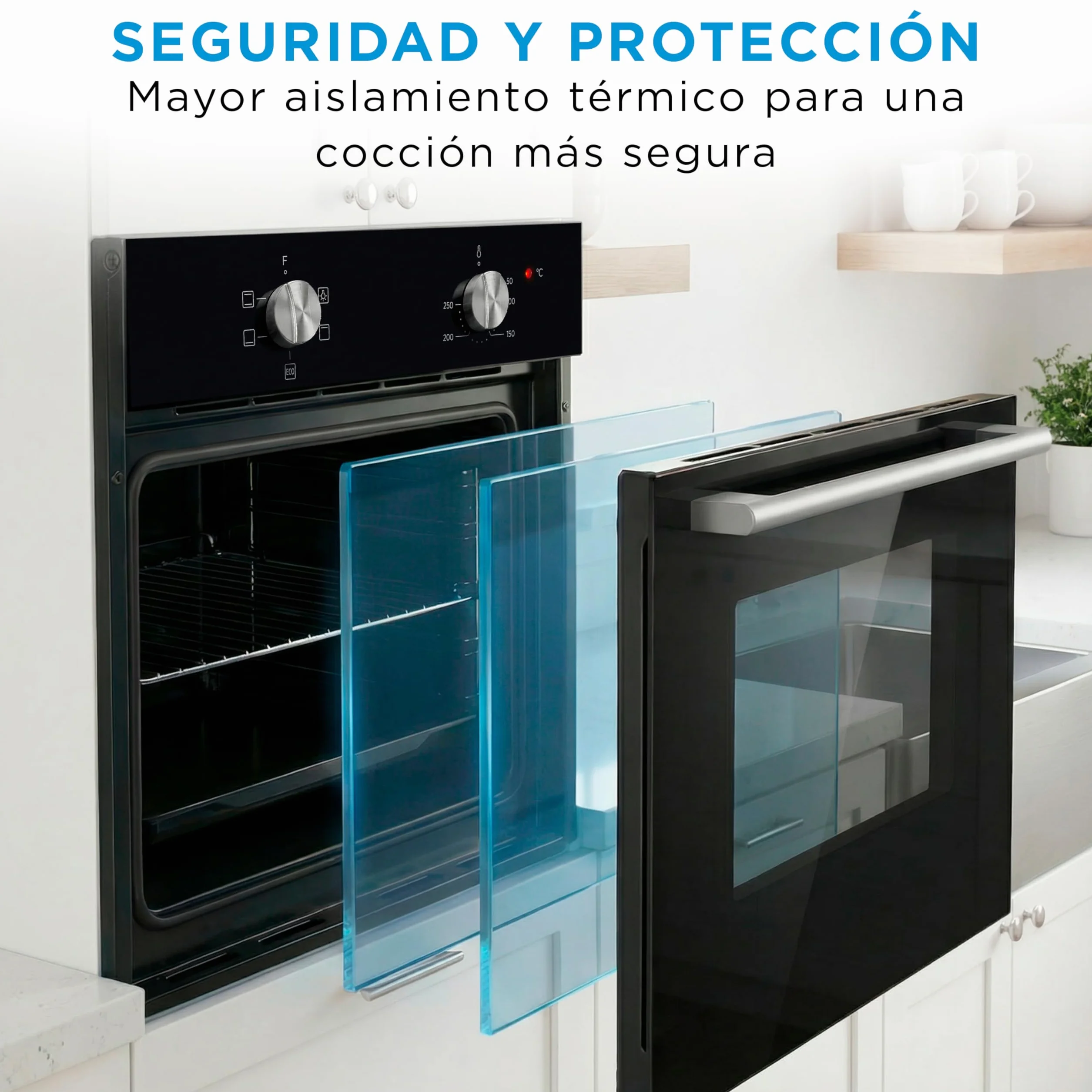 Midea Horno Electrico Empotrable Convencional de 70L y 2100W - Horno Integrable Negro con 4 funciones, Modo ECO - Hornos con Luz Led de Bajo Consumo, Puerta Doble Cristal, Bandeja Universal, y Rejilla