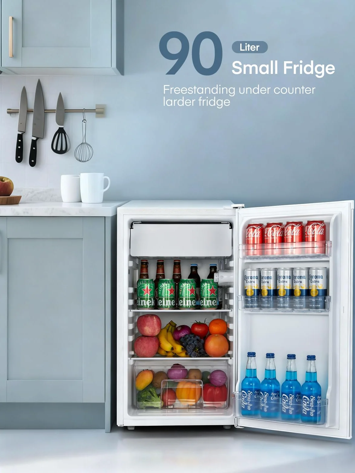 FOHERE Frigorífico con Congelador 90L, Nevera Pequeña Compacta, 7 Temperatura Regulable, 84kWh/año, Eficiencia Energética E, Silencioso, Ideal para Dormitorio, Oficina, Cocina, Caravana y Camping
