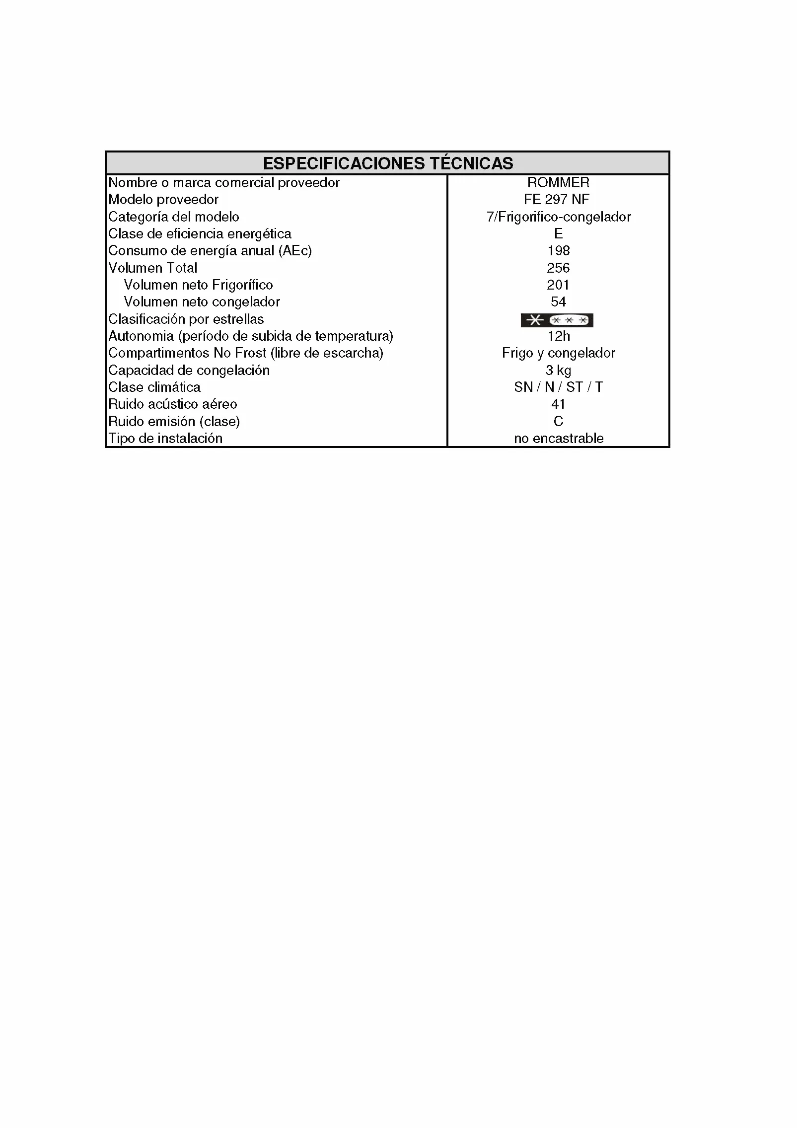 Rommer Figorifico FE 297 NF, Capacidad 255 litros, Blanco, No Frost