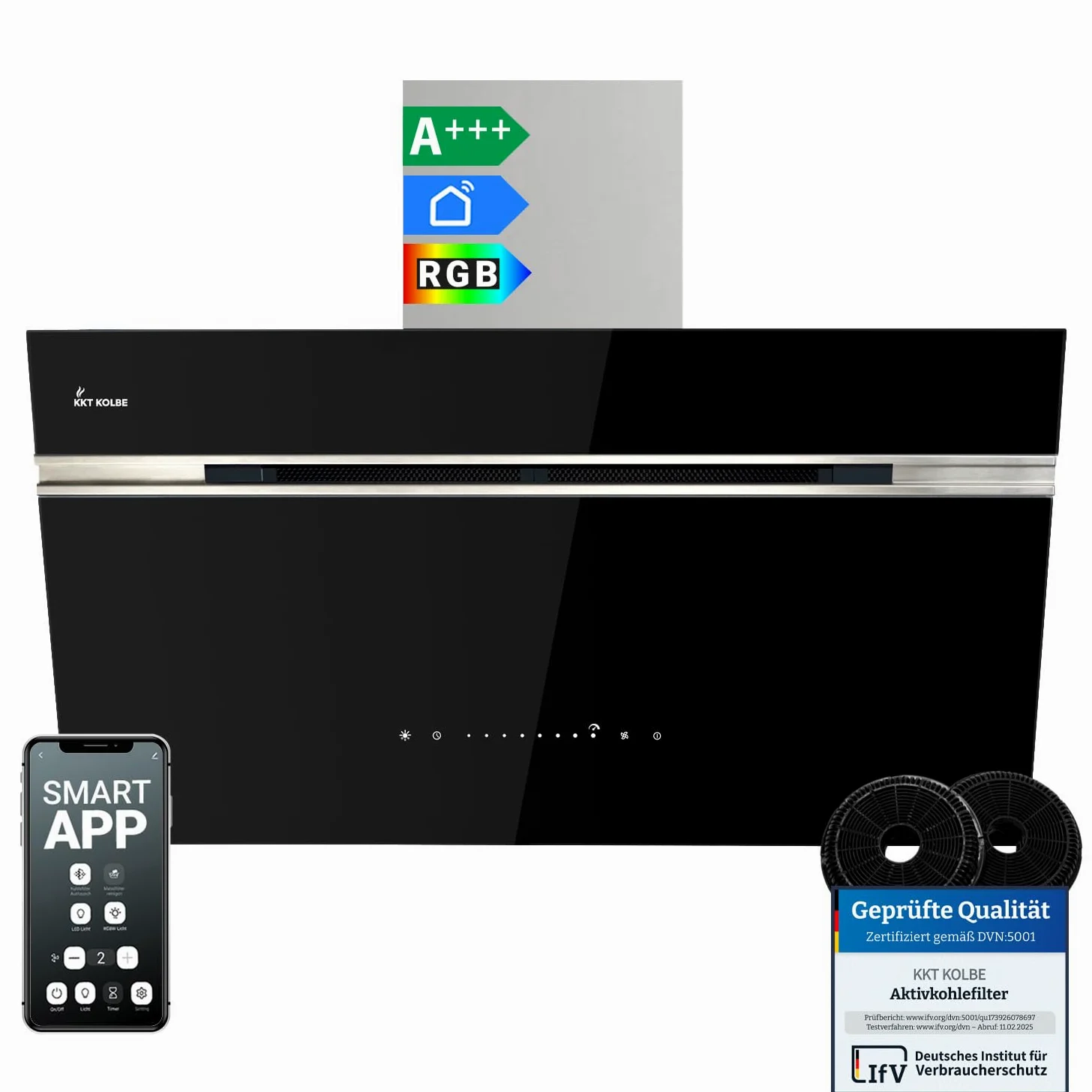 KKT KOLBE A+++ Campana extractora de 90 cm 782 cbm/h de recirculación, sin cabeza, campana de pared, color negro, plata, acero inoxidable, cristal, automática, aplicación WiFi inteligente, sensor