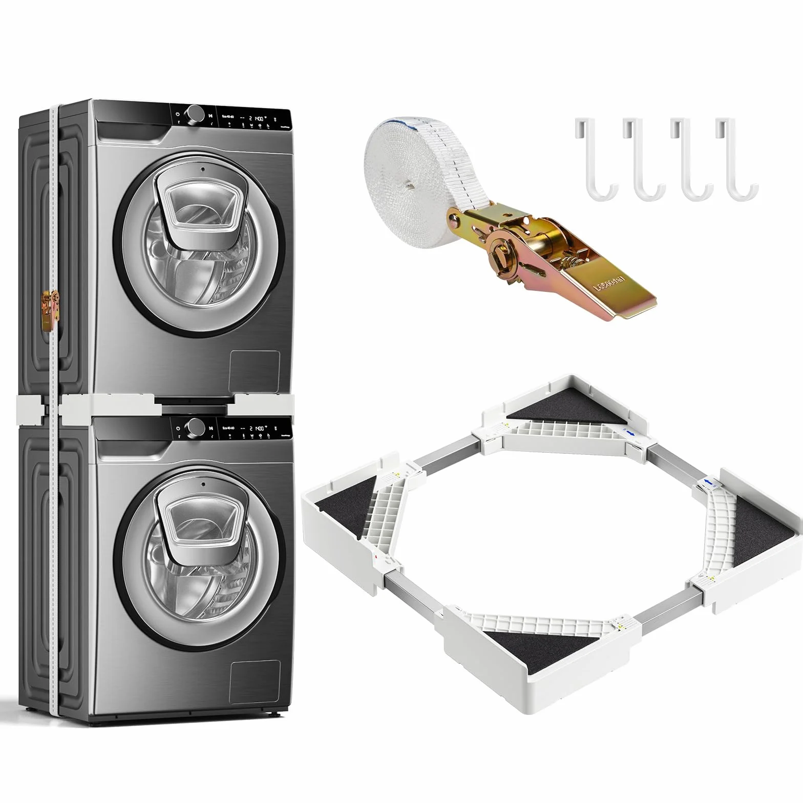 Juego de marco de conexión universal para lavadora y secadora, 46 – 66 cm, kit de marco de conexión ajustable, apilable con cuerda de carraca, kit de montaje intermedio para lavanderías que ahorran