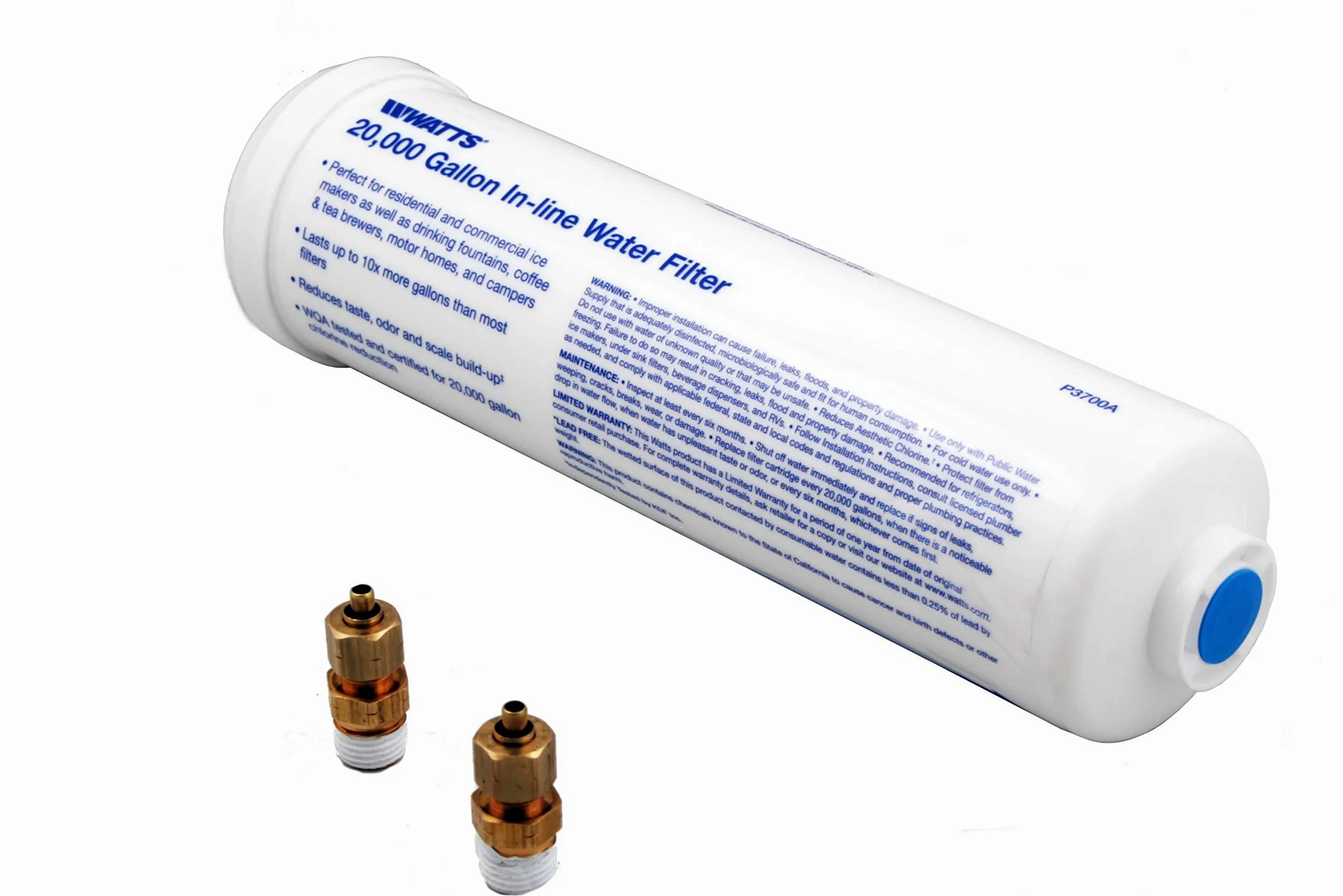 Watts - Filtro de agua en línea de 20.000 galones de capacidad, filtro en línea para refrigerador, máquina de hielo, debajo del fregadero, y reduce el mal sabor, olores, cloro y sedimentos en agua