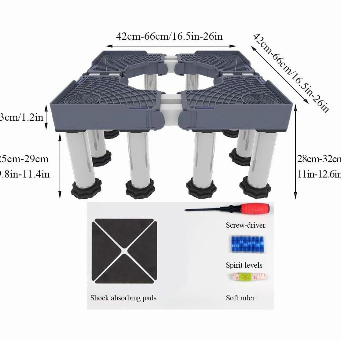 Soporte Lavadora función antivibración Base Lavadora Frenos Ajustables, Ajustable en tamaño, para lavadoras y secadoras apiladas de 42-69 cm, Carga de 400 kg,12 Legs-28cm-32cm