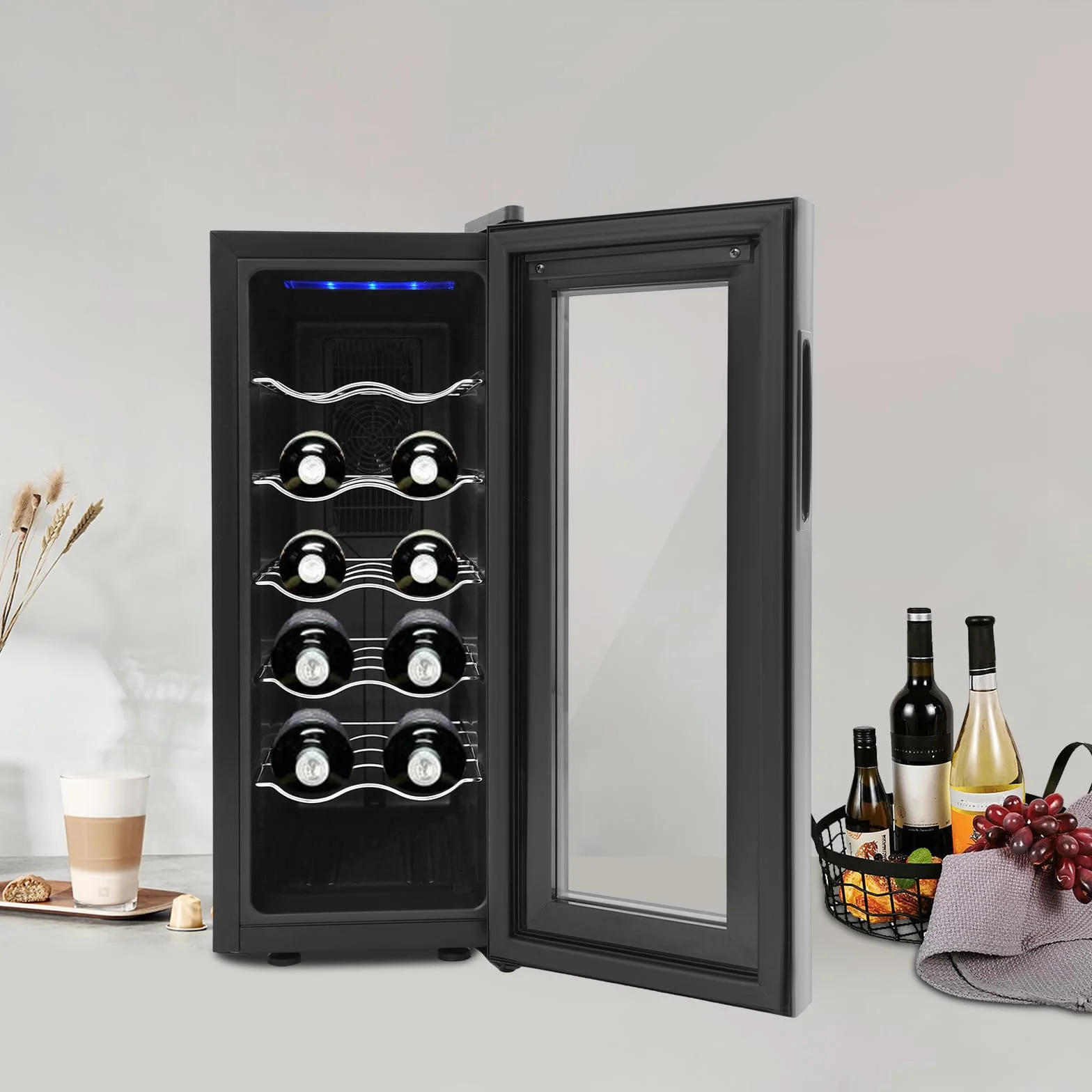 Nevera para vino, 12 botellas, 33 litros, con patas ajustables con luz LED, minibar, con puerta de cristal