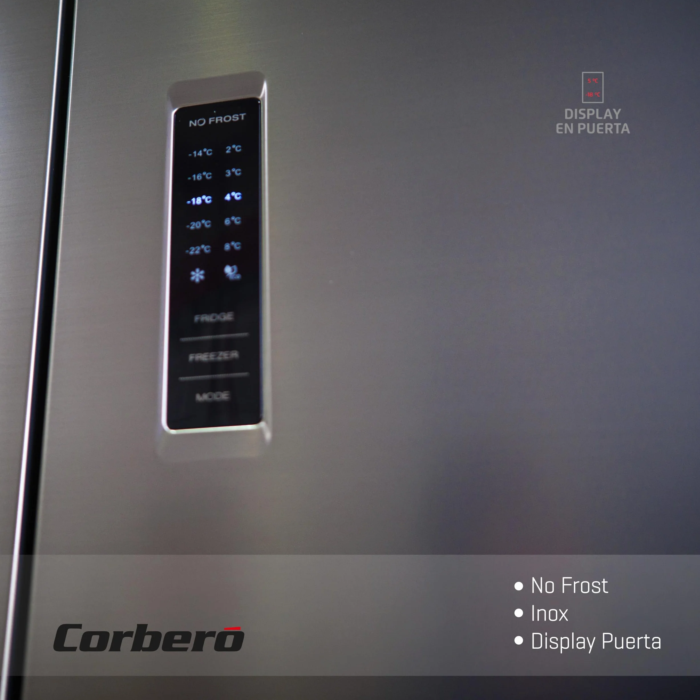 Corberó - Frigorífico 4 Puertas | CF4PH4823NFX | No Frost | Inverter | 362L | 180 cm | Display Puerta | Fresh Box | Crisper | Fresh Box Convertible | Estantes de Cristal | Función Eco | Inox