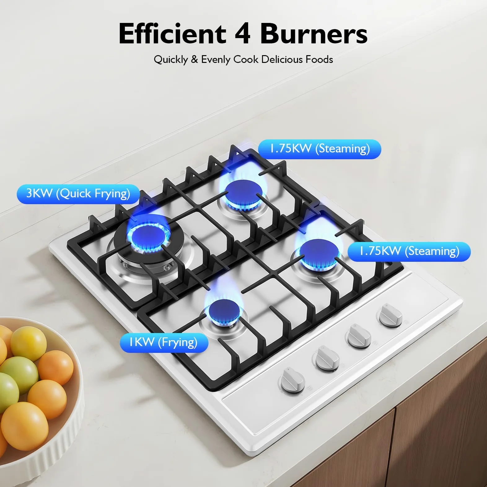 Cocina de gas de 4 fuegos, acero inoxidable, empotrable, gas natural/propano, eficiente y de bajo consumo, 7500 W, 4 zonas de cocción (3000 W + 1750 W + 1750 W + 1000 W), 4 zonas de cocina de