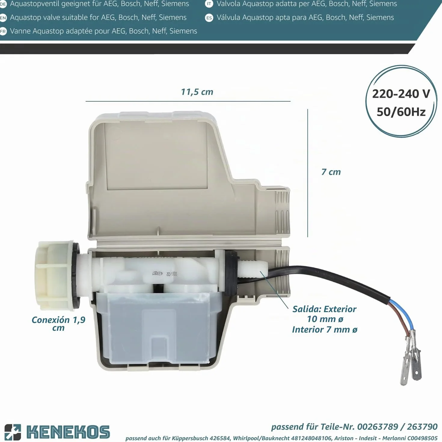 Kenekos - Kit de reparación de la válvula aquastop para la manguera aquastop, Bitron tipo 902 compatible con Bosch/Siemens, como 00263789/263789 con conexión de tornillo de 3/4 de pulgada