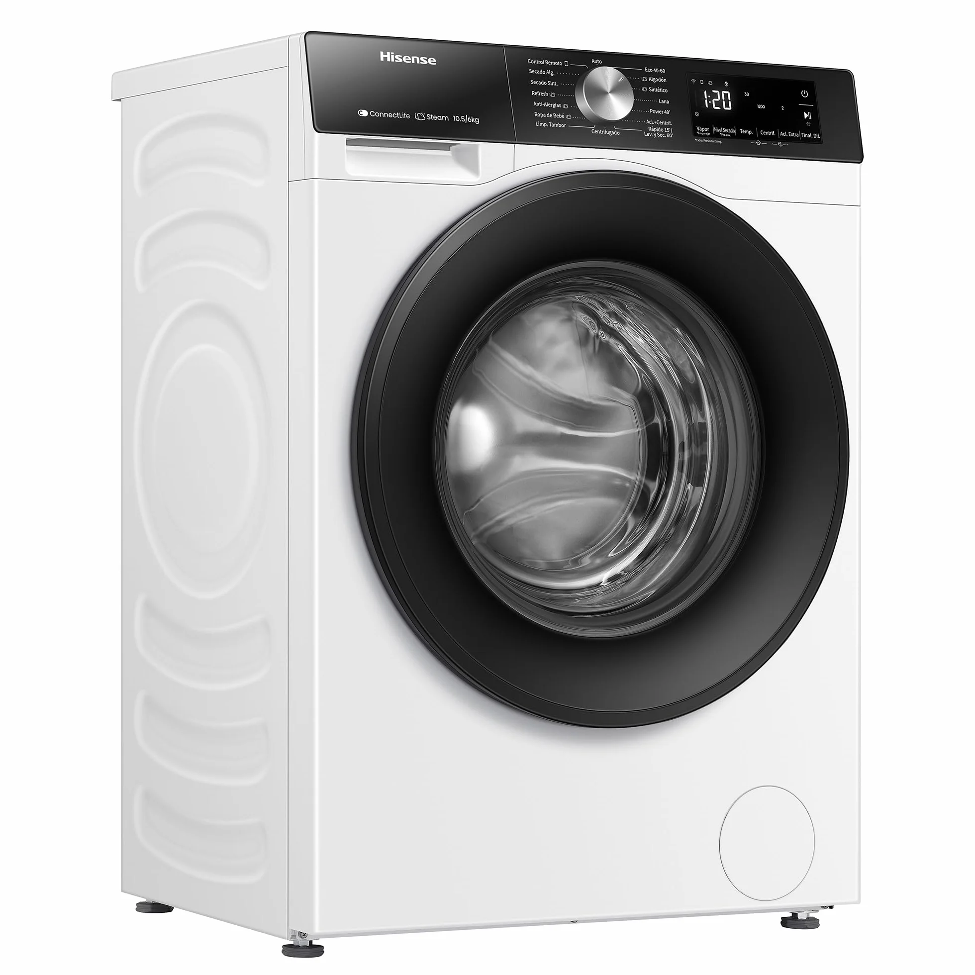 Hisense WD3S1043BW3 - Lavadora Secadora 2 en 1 con Vapor,Clase D/A, Carga Frontal 10.5 kg Lavado, Secadora 6 kg, Conectividad WiFi, Programación Asistida, Monitor de Consumo, Serie 3S, Blanco