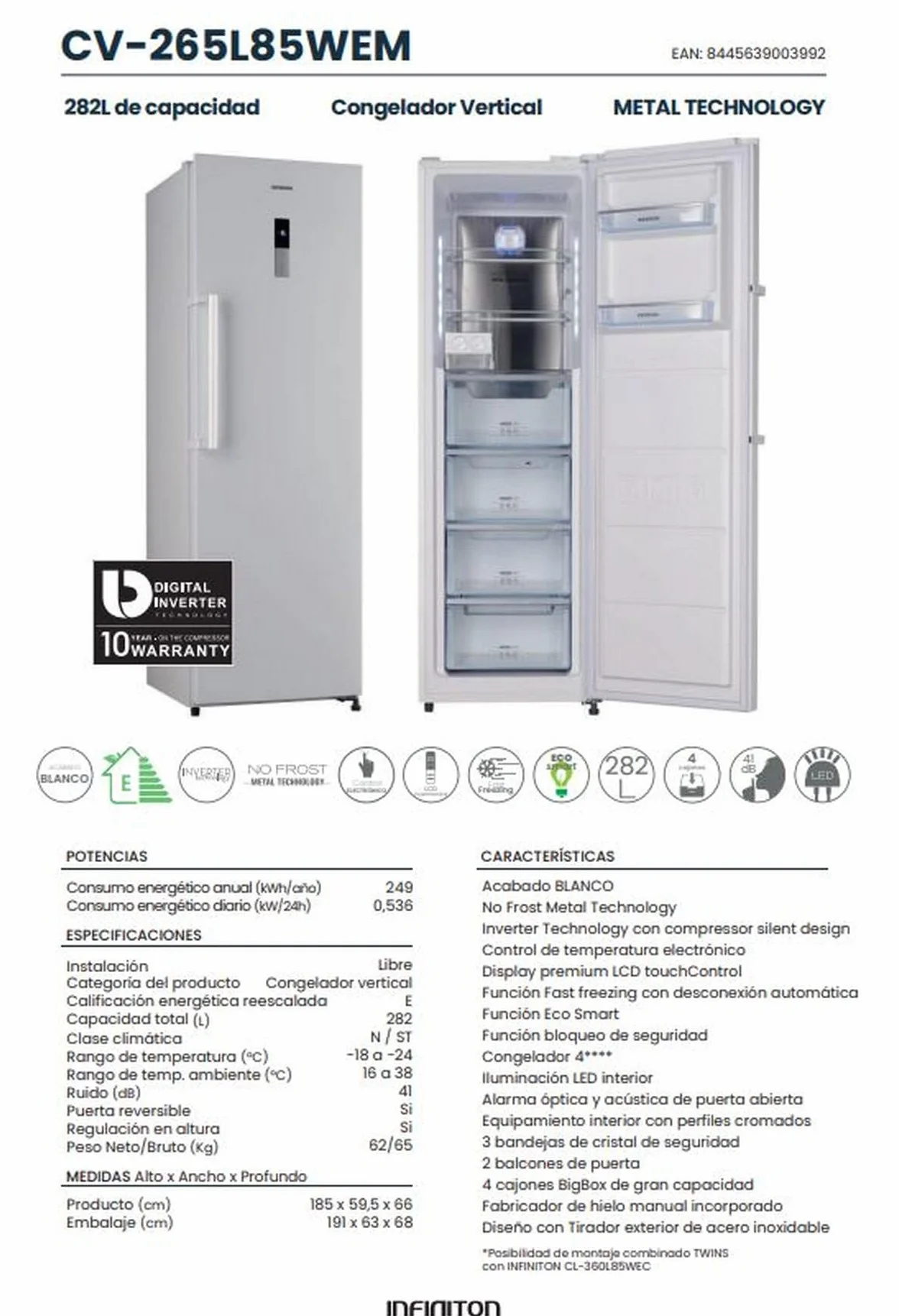 INFINITON Congelador Vertical CV-265L85, 282 Litros, 185 cm, No Frost, E, No Frost Technology, Fast freezing,Alarma óptica y acústica de puerta abierta, Fabricador de hielo (Blanco || CV-265L85WEM)