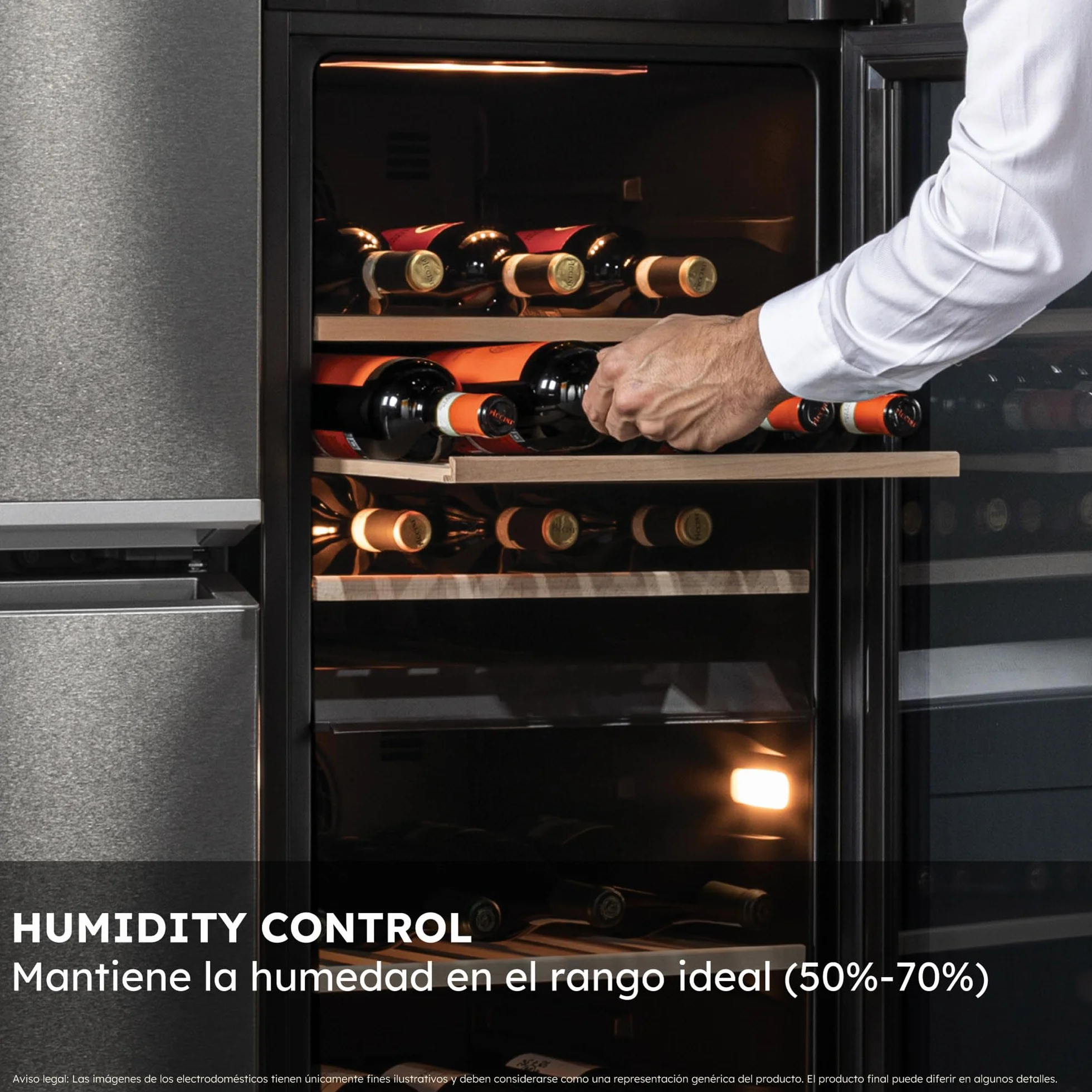 Haier Wine Bank 50 Series 7 HWS77GDAU1 Vinoteca de 77 botellas, WIFI, 2 Zonas, Estantes de madera, Filtro Anti-UV, Filtro de carbón, Refrigeración por Compresor, Display Digital, LED, 37 dbA, Negra