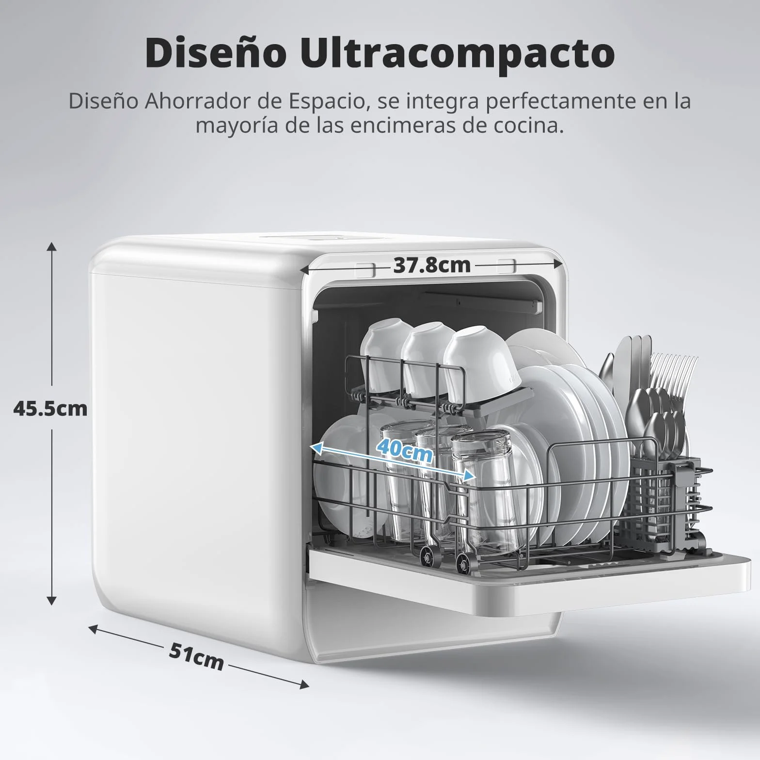 AIRMSEN Lavavajillas de Encimera Mini Lavavajillas con Tanque de 5L, 7+2 Programas Diseño Ultra Estrecho (37x50cm) y Gran Profundidad Lavavajillas Compacto Rociado Dual 360° Blanco (Blanco)