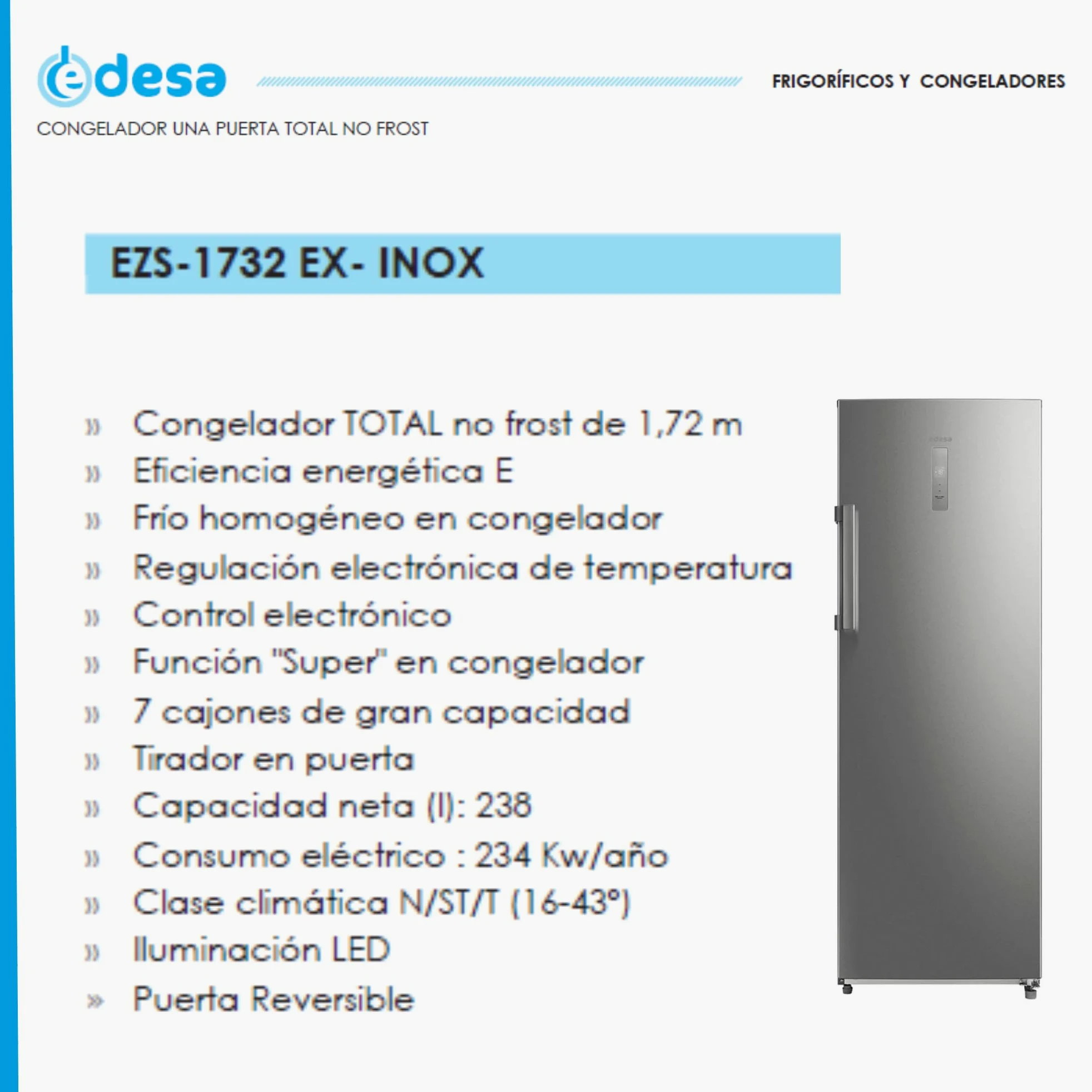 Edesa Congelador EZS-1732 EX/A Total No Frost, Regulación Electrónica de Temperatura, 7 Cajones de Gran Capacidad, Iluminación LED, Control Electrónico, Ancho 63,5 cm, Color Blanco