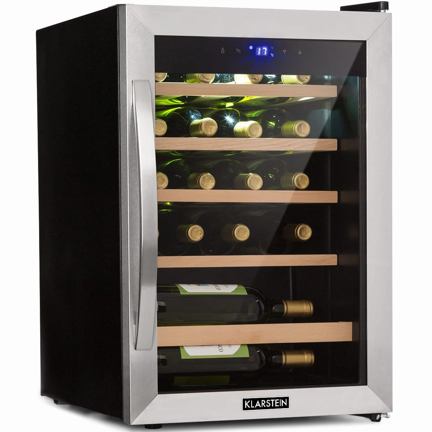 KLARSTEIN Vinoteca 19 Botellas, Nevera Vinos, Una Zona de Refrigeración, Nevera Expositora Vino y Cerveza, Vinoteca Interior y Exterior con Puerta de Cristal, Nevera Vino con Protección UV, 4-18°C