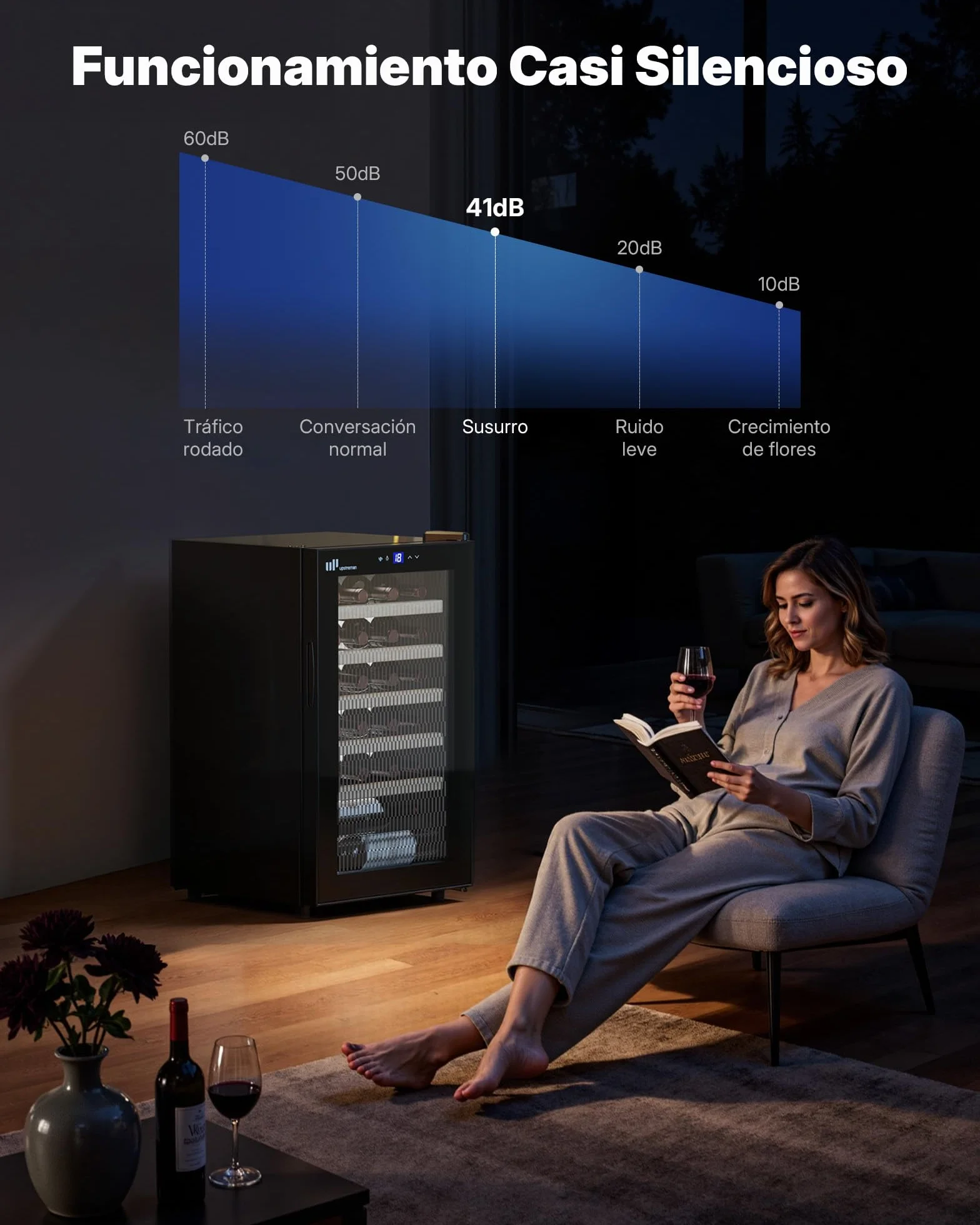 Upstreman Vinoteca para 24 Botellas, 5°C - 20°C Ajustable, Empotrable & Bajo Encimera, Doble Acristalamiento, Pantalla Táctil, Iluminación LED, 5 Baldas, Bodega de vino Negro W24