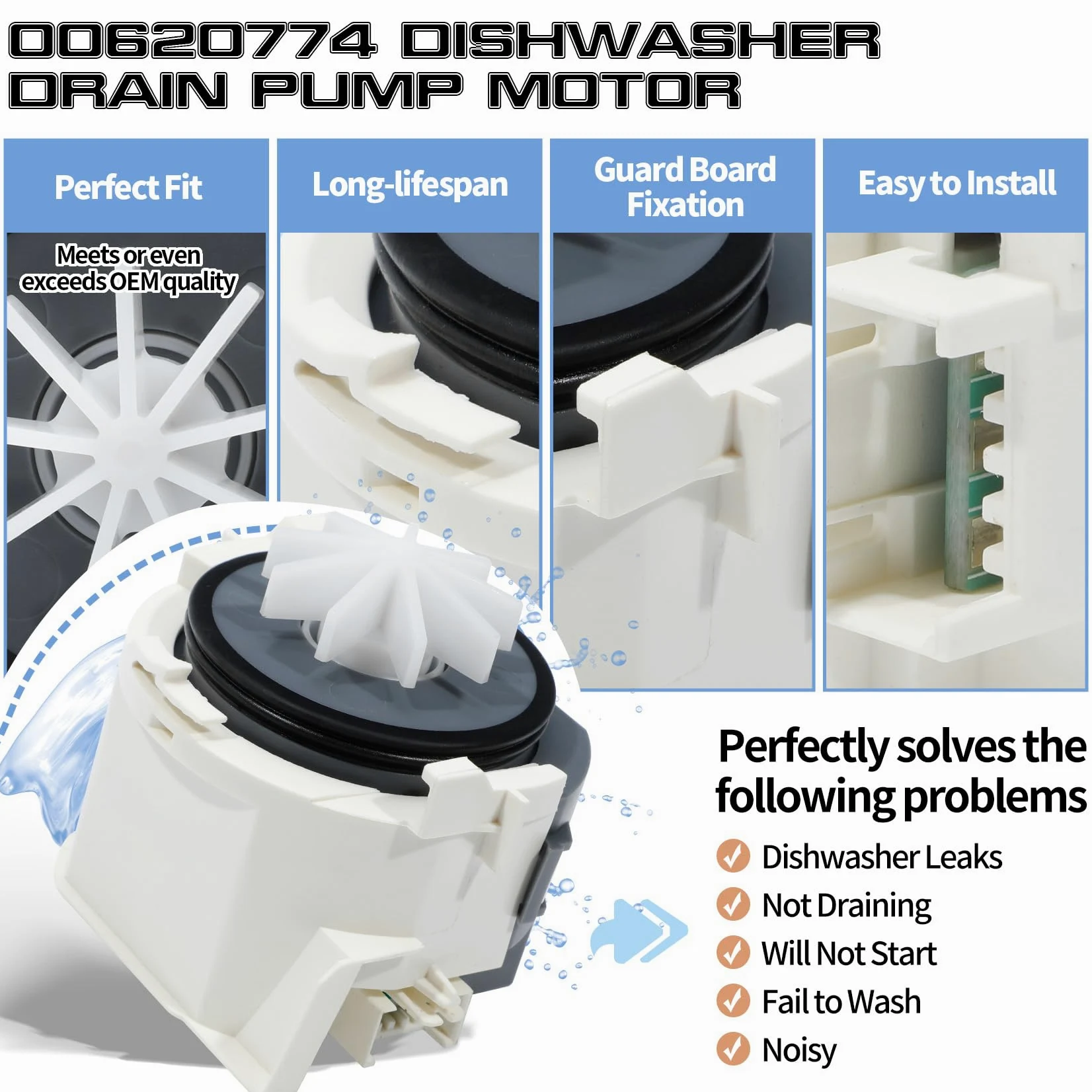 Conjunto de motor de bomba de drenaje de lavavajillas 00620774 compatible con bomba de drenaje de lavavajillas Bosch 620774, piezas de motor de repuesto 2692859, AP5326239, PS8728607, EAP8728607,