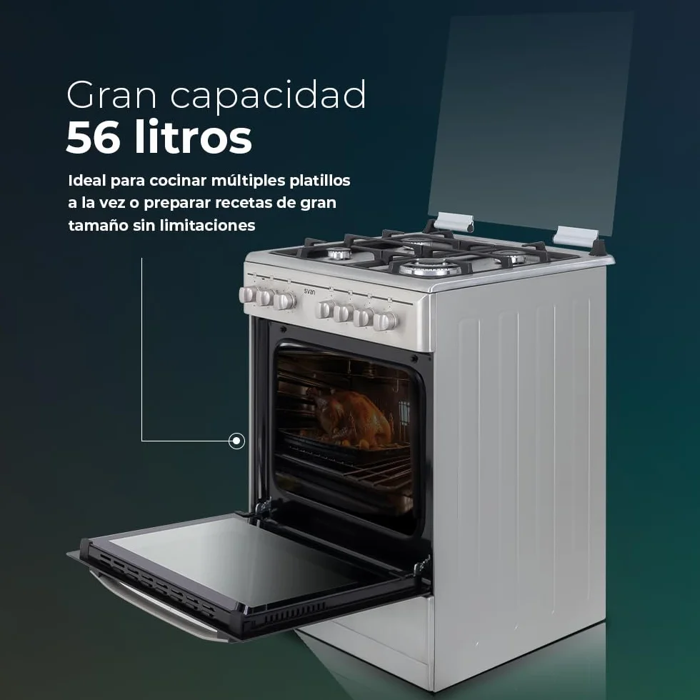 Svan Cocina Mixta gas Butano 4 Zonas Inox SKMW4600X. Quemador WOK triple llama, Kit Conversión Gas Natural, Acabado en Inox