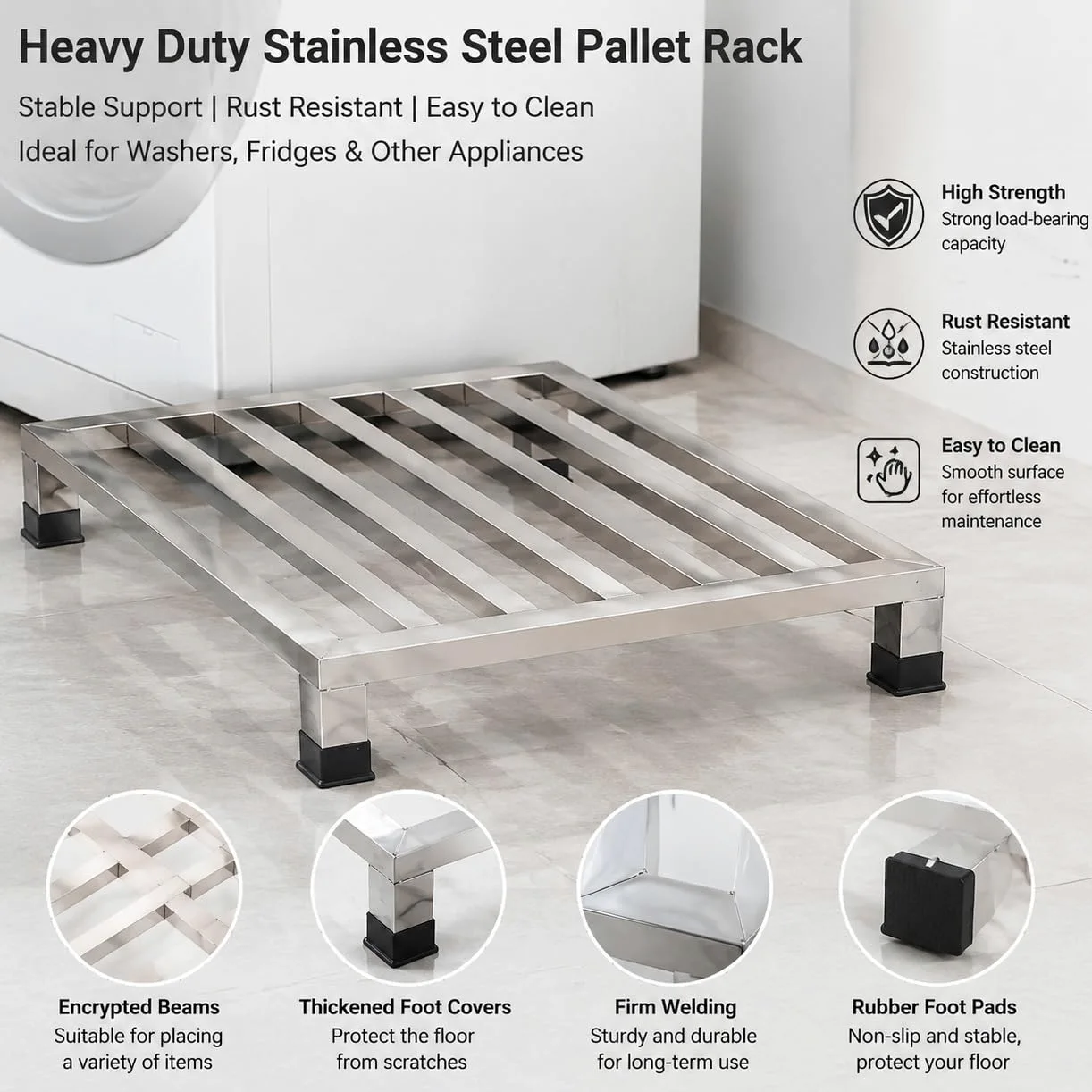 Soporte elevador de electrodomésticos de acero inoxidable resistente para refrigeradores y arandelas | Soportes de suelo, base de almacenamiento, diseño de paleta dividida para una fácil limpieza y flujo de aire, lavadora/nevera