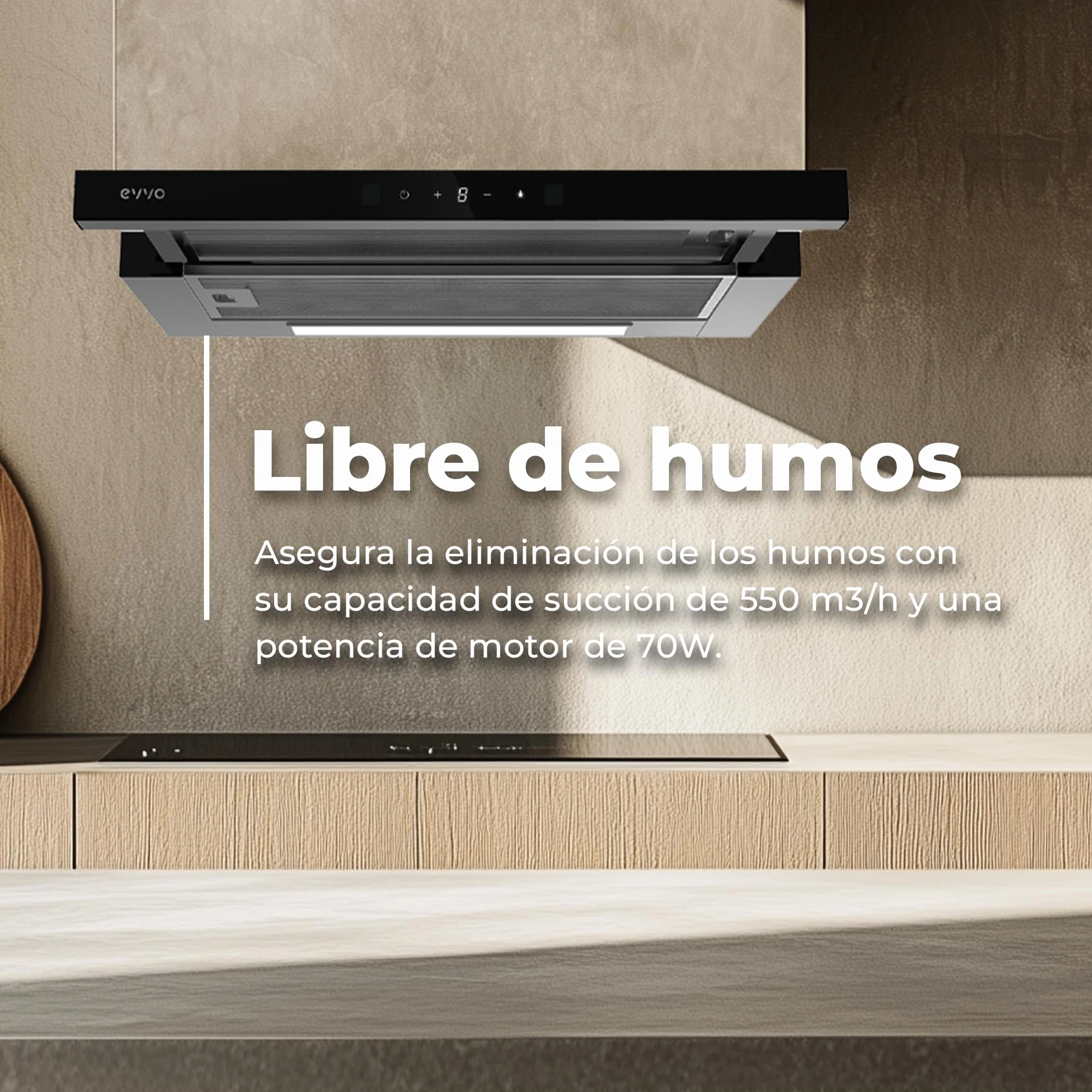 EVVO Campana Extractora 60 cm Telescópica, Potencia 550 m³/h, Luz LED, Filtro Aluminio y Carbon, Control Gestual, Acabado Inox Frontal Cristal Negro, Eficiencia Energética A++, 3 Velocidades