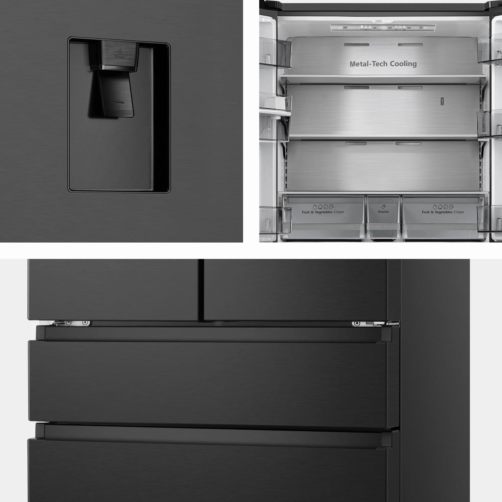 Hisense RF749N4SWFE - Frigorífico Americano Puerta Francesa Total No Frost, 579L,179cm, Metal-Tech Cooling, My Fresh Choice, Multi Airflow, Dispensador Agua con Depósito, Inverter, WiFi, Dark Inox