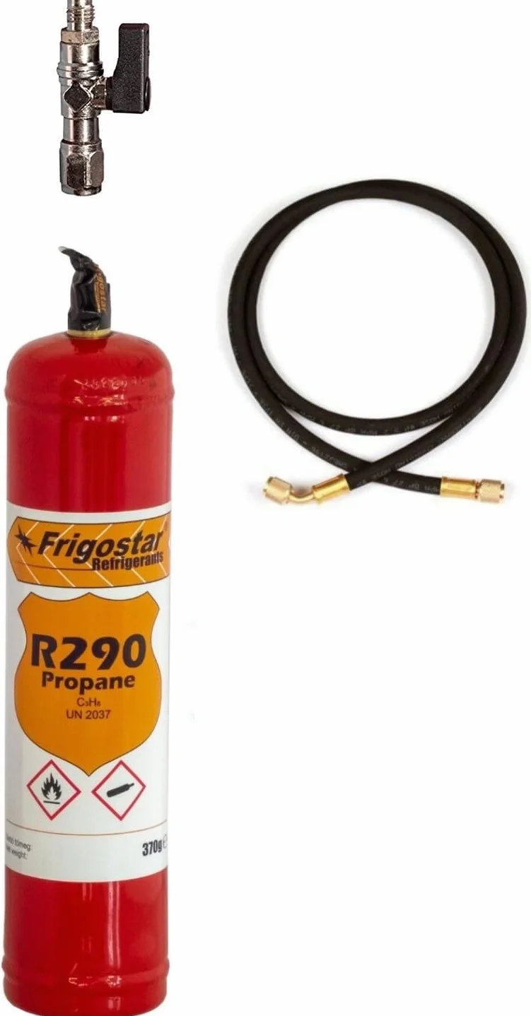 M Shop Italia R290 bombona 370 g + tubo 1/4" F-1/4" F con preválvula para recarga frigoríficos secadoras bodegas