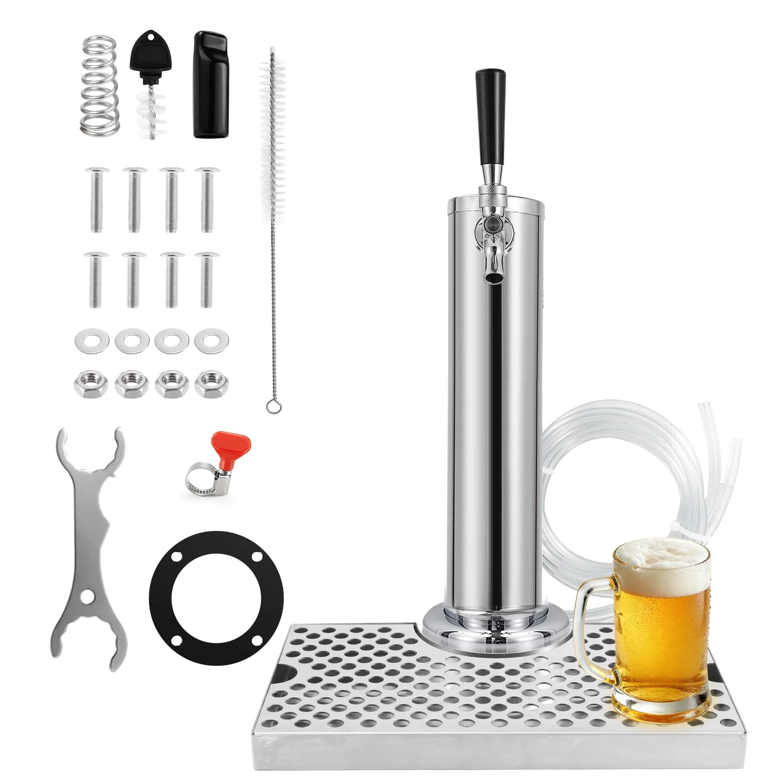 Torre de grifo de cerveza Kegerator de un solo grifo con bandeja de goteo de cerveza de acero inoxidable, torre de barril de cerveza preinstalada con bandeja de goteo de barril de piezas Kegerator