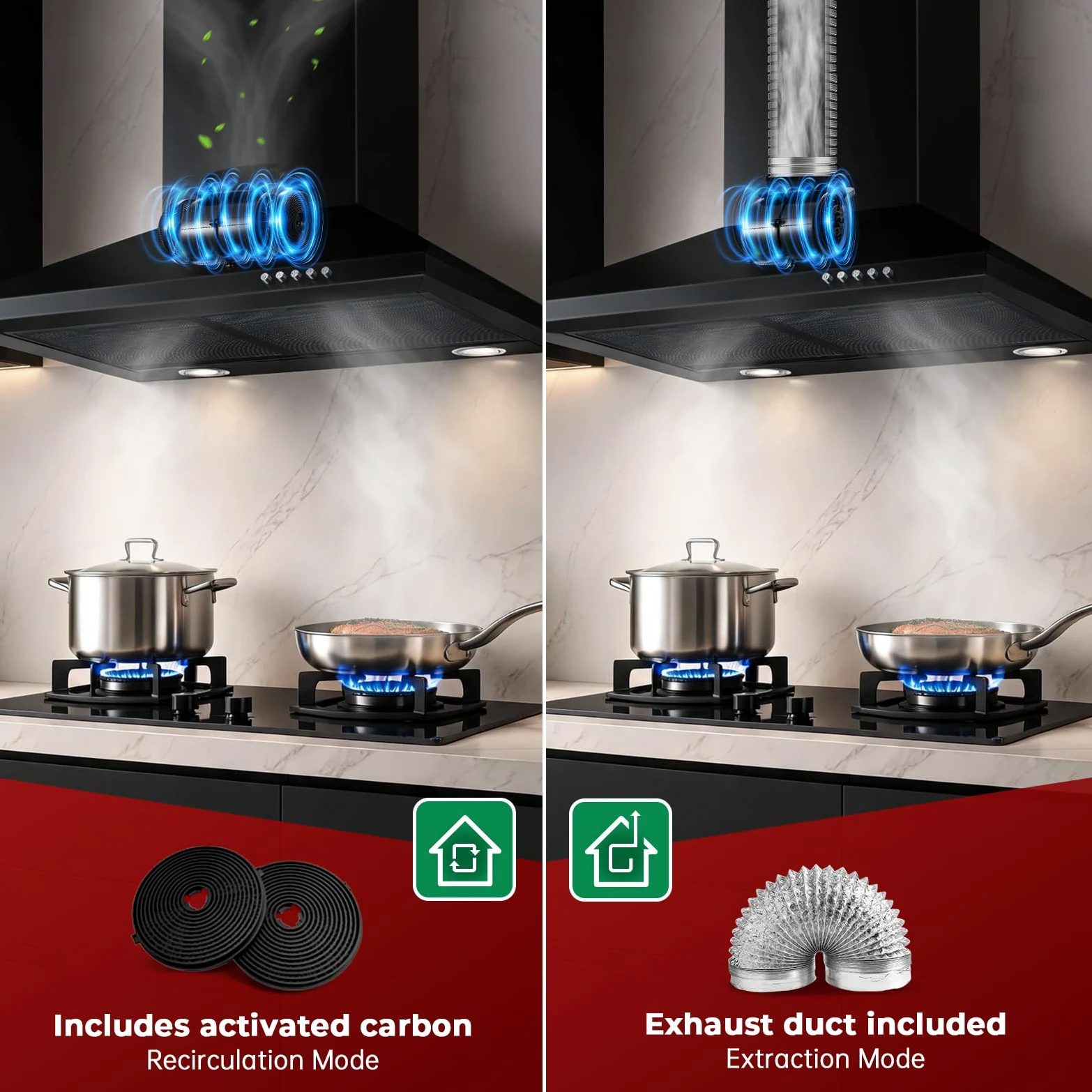 TopStrong Campana Extractora 60 cm, A+++ Extractor de Cocina, 450 m³/h, 3 Velocidades, LED, Recirculación y Evacuación, Filtros de Carbono Incluidos | Filtro de carbón activo incluido | Filtro de carbón activo incluido
