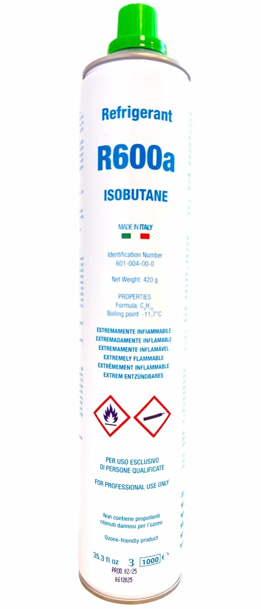 Kit Completo Gas Refrigerante R600a Isobutano | Envase de 420g Neto | Para Recarga de Frigoríficos y Congeladores | Incluye Válvula y Manguera de Carga | Solución Ecológica