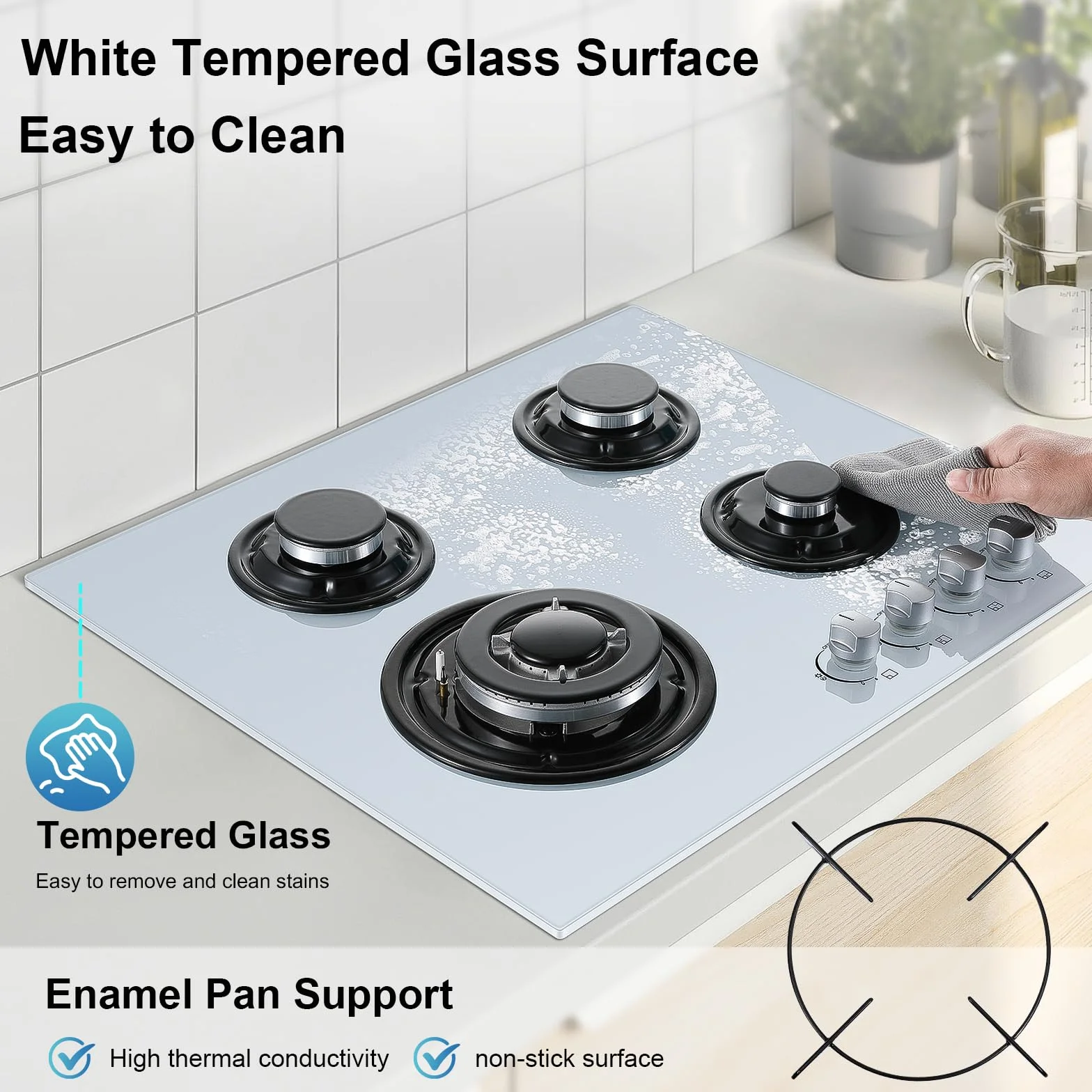 TopStrong - Placa de cocina con 4 fuegos de gas, de cristal, empotrable, color blanco, con protección Flame-Out, gas natural/propano, 8060 W, 220-240 V