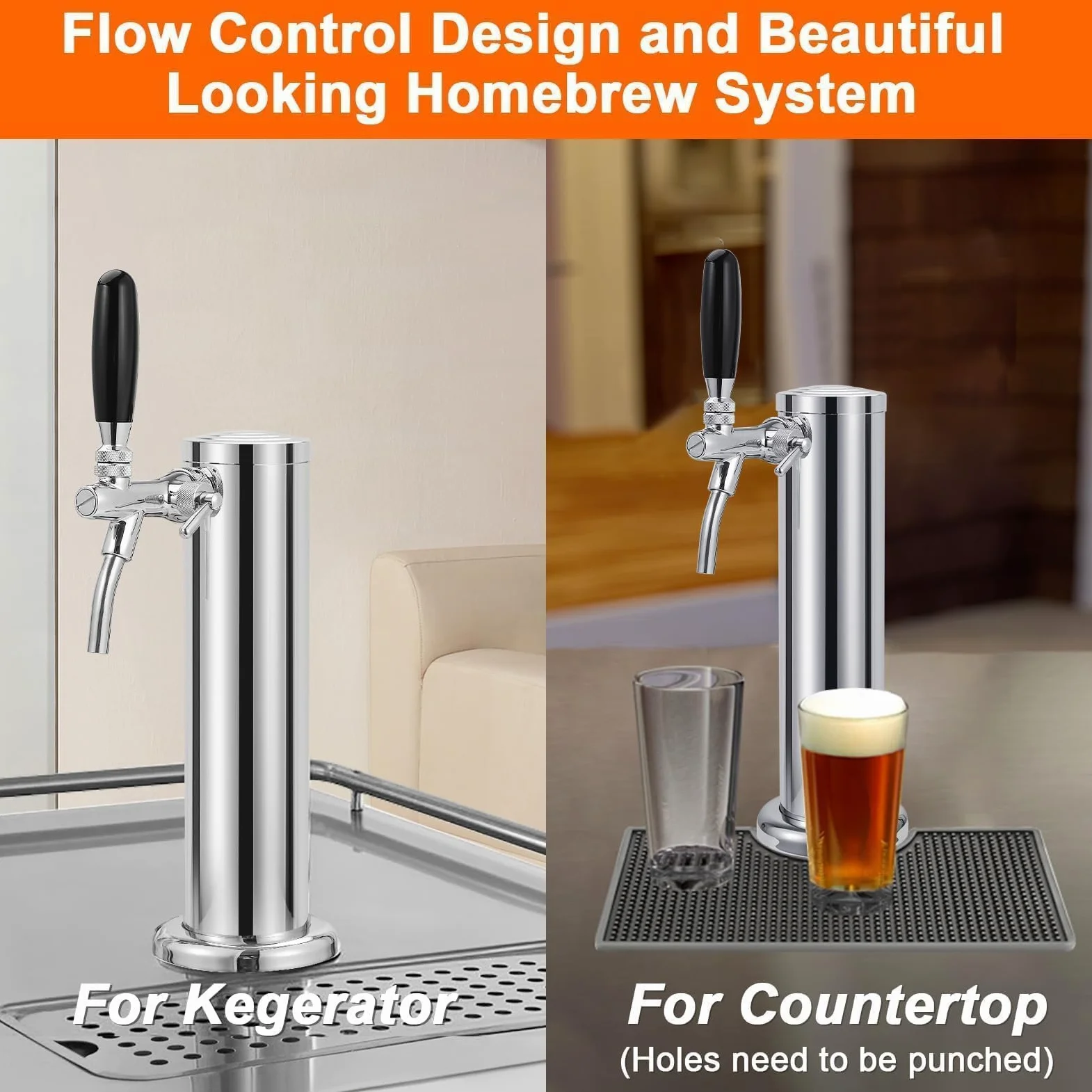 Torre Kegerator ajustable, piezas de Kegerator de un solo grifo | Control de flujo, grifo de cerveza de núcleo de acero inoxidable 304, incluye tubo premontado y resortes de cierre automático