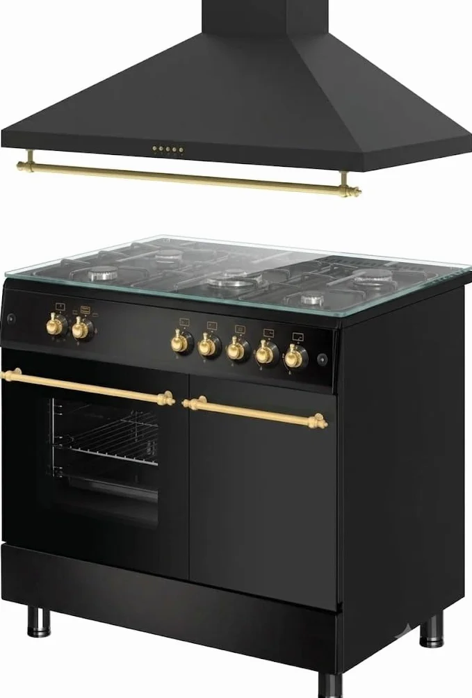 PACK COCINA A GAS F9LT50G2 PORTABOMBONA NEGRA RÚSTICA + CAMPANA DECORATIVA NEGRA RÚSTICA/ANCHO 90 CM/FUEGOS CON ENCENDIDO AUTOMATICO/HORNO 64 L.