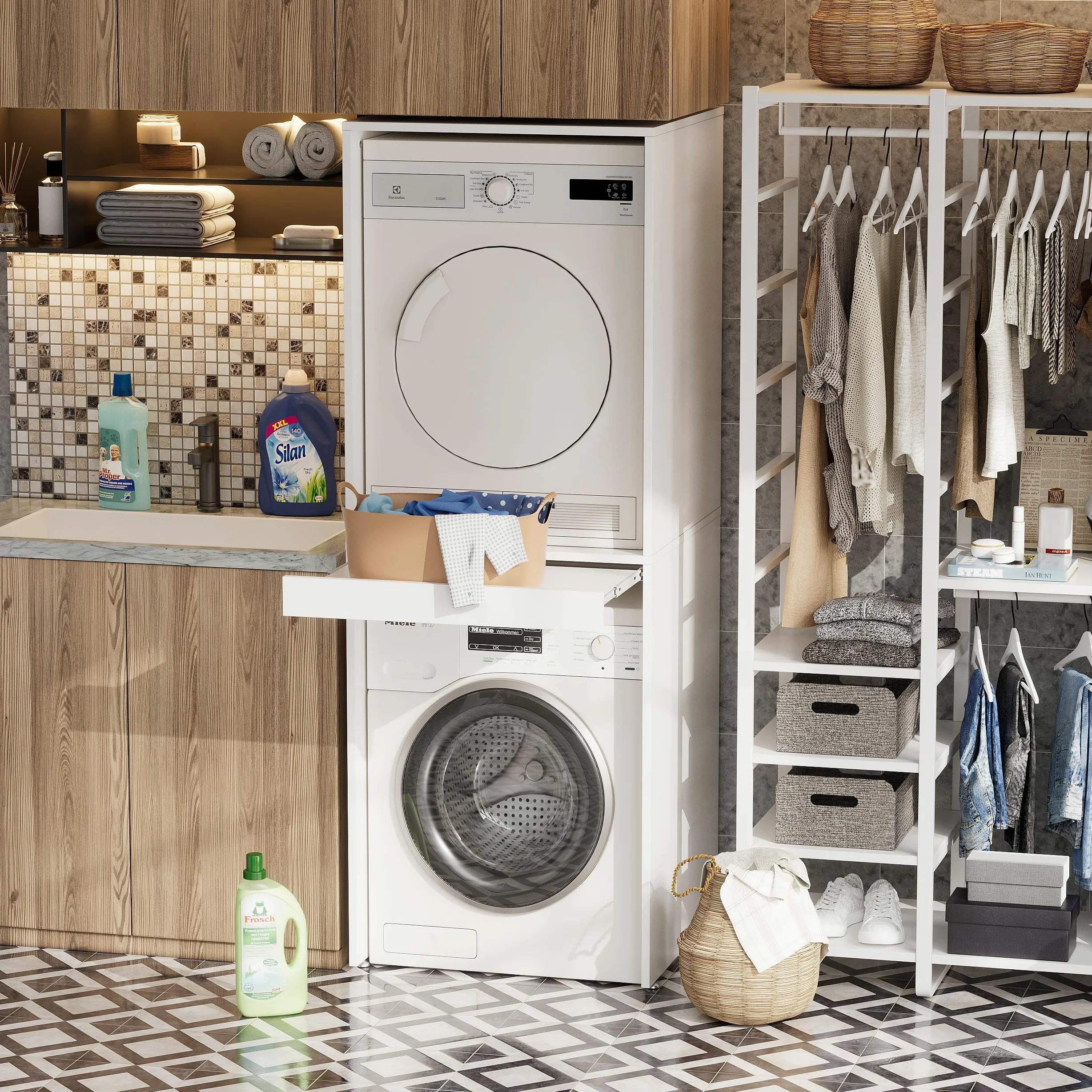 MSFE Armario para Lavadora y Secadora, Mueble Lavadora Secadora con Tabla Extensible, Kit de Apilamiento para Lavadoras y Secadoras, 180 x 65 x 66 cm, fijada a la Pared, Dos Paquetes