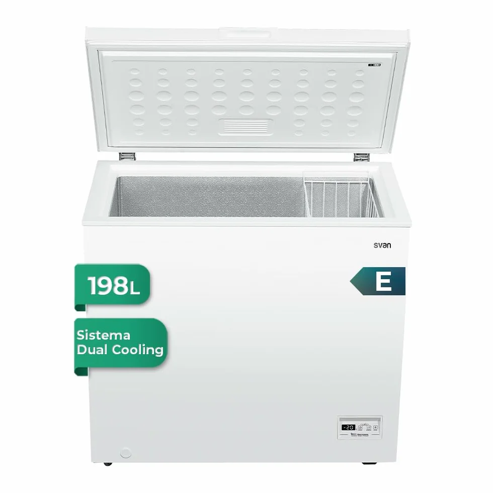 Svan Congelador horizontal Blanco SCH2001EDC. Capacidad 198 Litros, Dual Cooling, 1 Cesta, Bajo nivel Sonoro, Eficiencia Energética Clase E [Clase de eficiencia energética E]